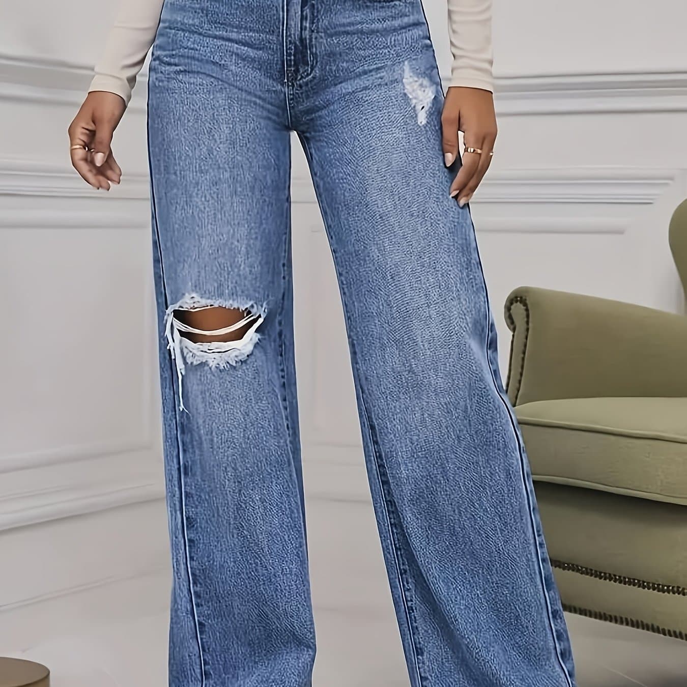 TEMU New Women's Jeans, Loose Ripped Wide-leg Casual Long Pants