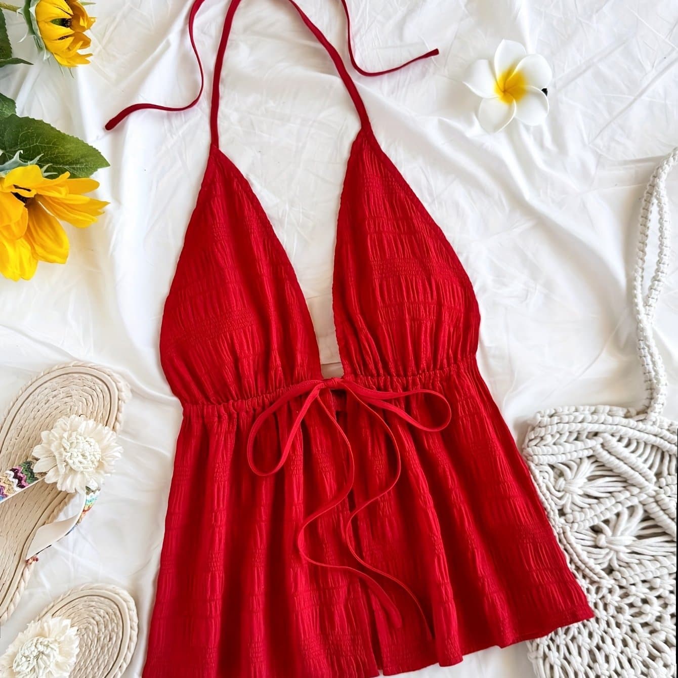 TEMU Women's Spring And Summer Casual V-neck Open Back Textured Fabric Red Suspender Halter Neck Vest