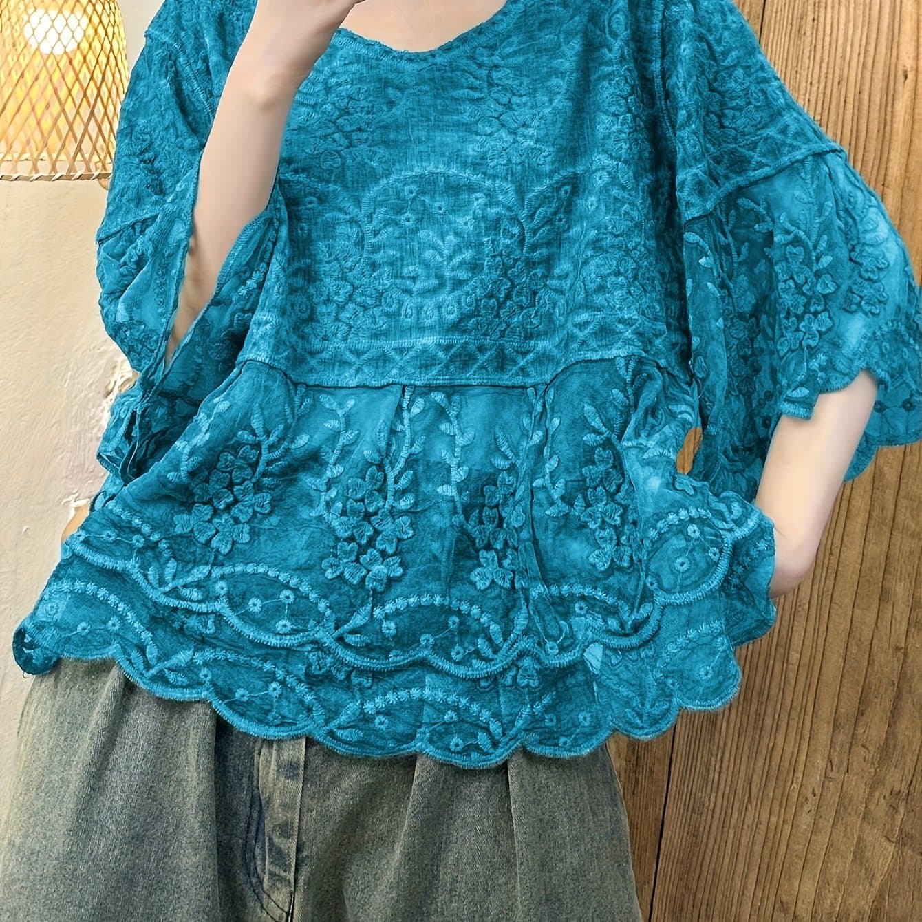 TEMU Embroidered Lace Mid-sleeve Pullover Top With Comfortable Double-layer Hem, Exquisite And Simple, /summer Style