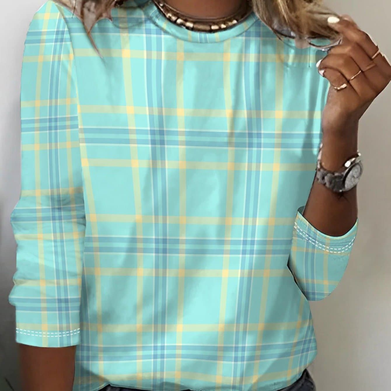 TEMU Women's T-shirt Featuring A 3d Blue Striped Grid Design, Ideal For Casual Wear And Fall, With A Comfortable Long Sleeve And Crew Neck.