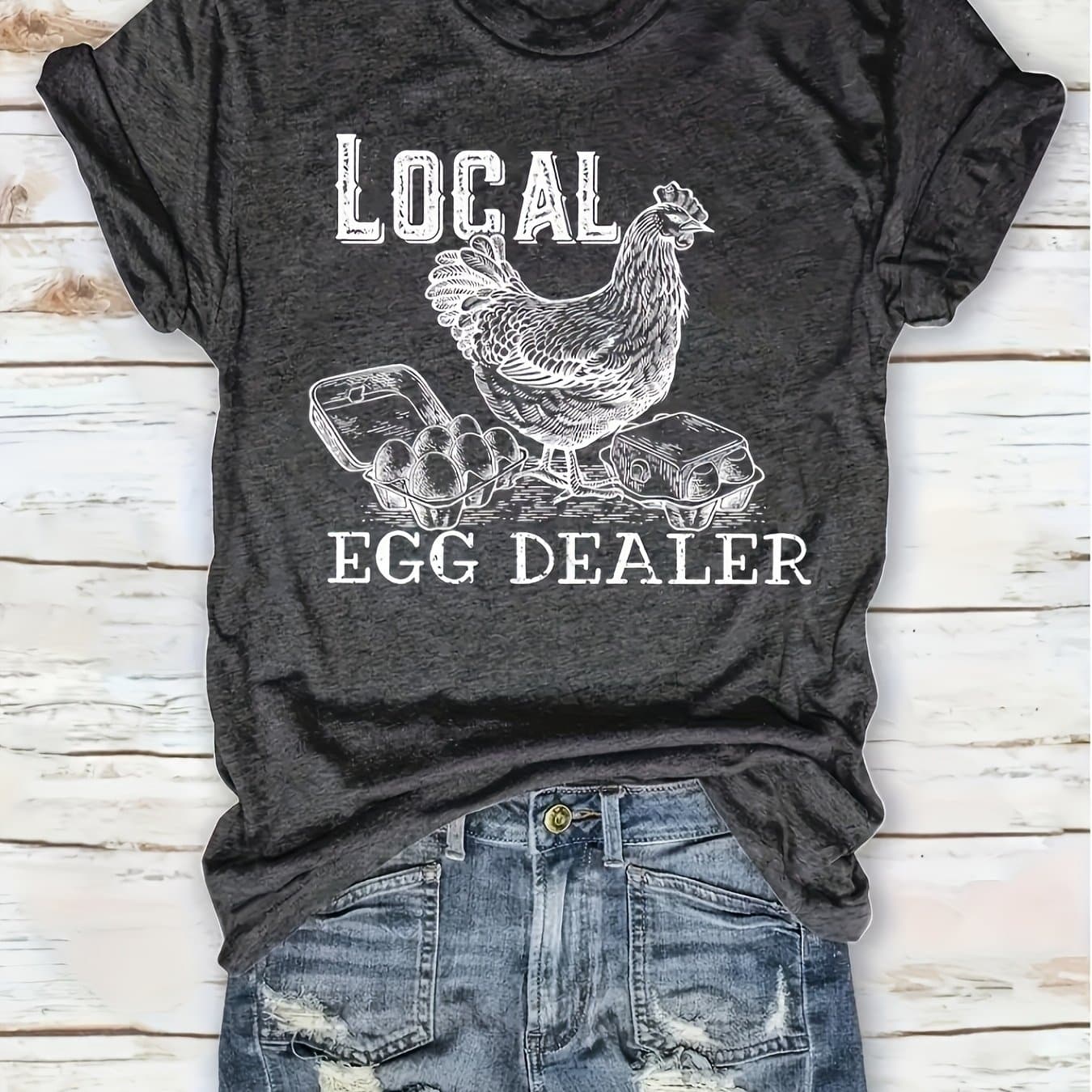 TEMU Hens-patterned Letters-printed Round Neck Casual Short Sleeve T-shirt-fashion Women