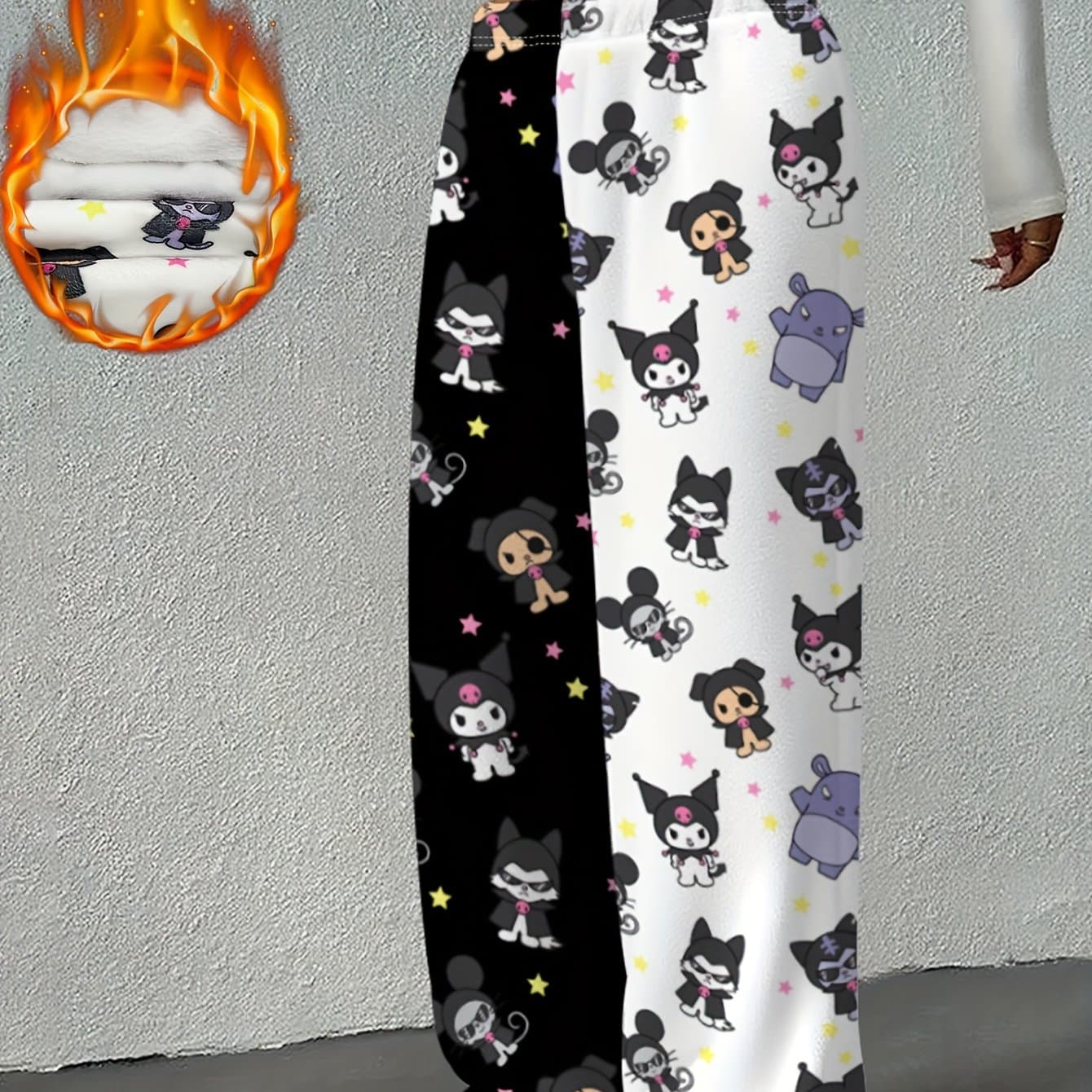 TEMU Autumn Winter Wide Leg Pants Design Black And White 2-color, Loose Fit Daily Casual Trousers Cute Cartoon Home And Outdoor Pants, Item No.-dd-kz-428, For Teenager, For Teenager