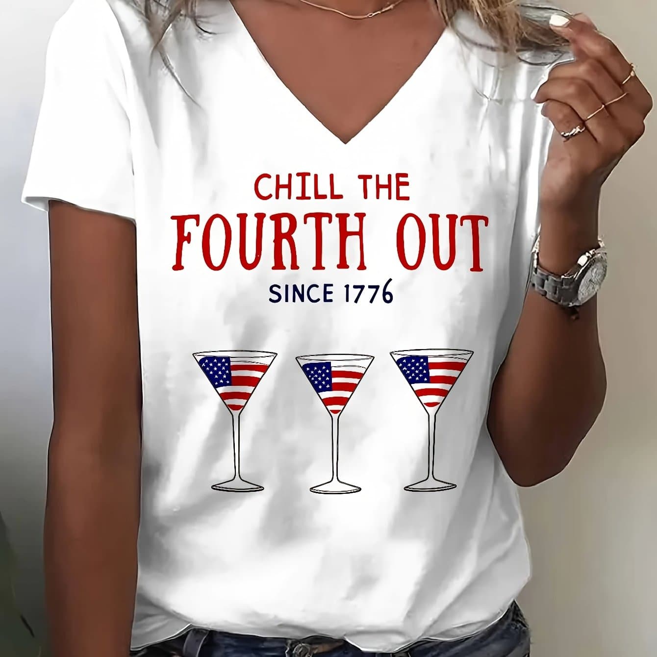 TEMU Casual American Flag Wine T-shirt, Perfect For Home, , Or As A Gift| For Birthday Gifts, Valentine's Day, Etc., -neck Short-sleeve Top