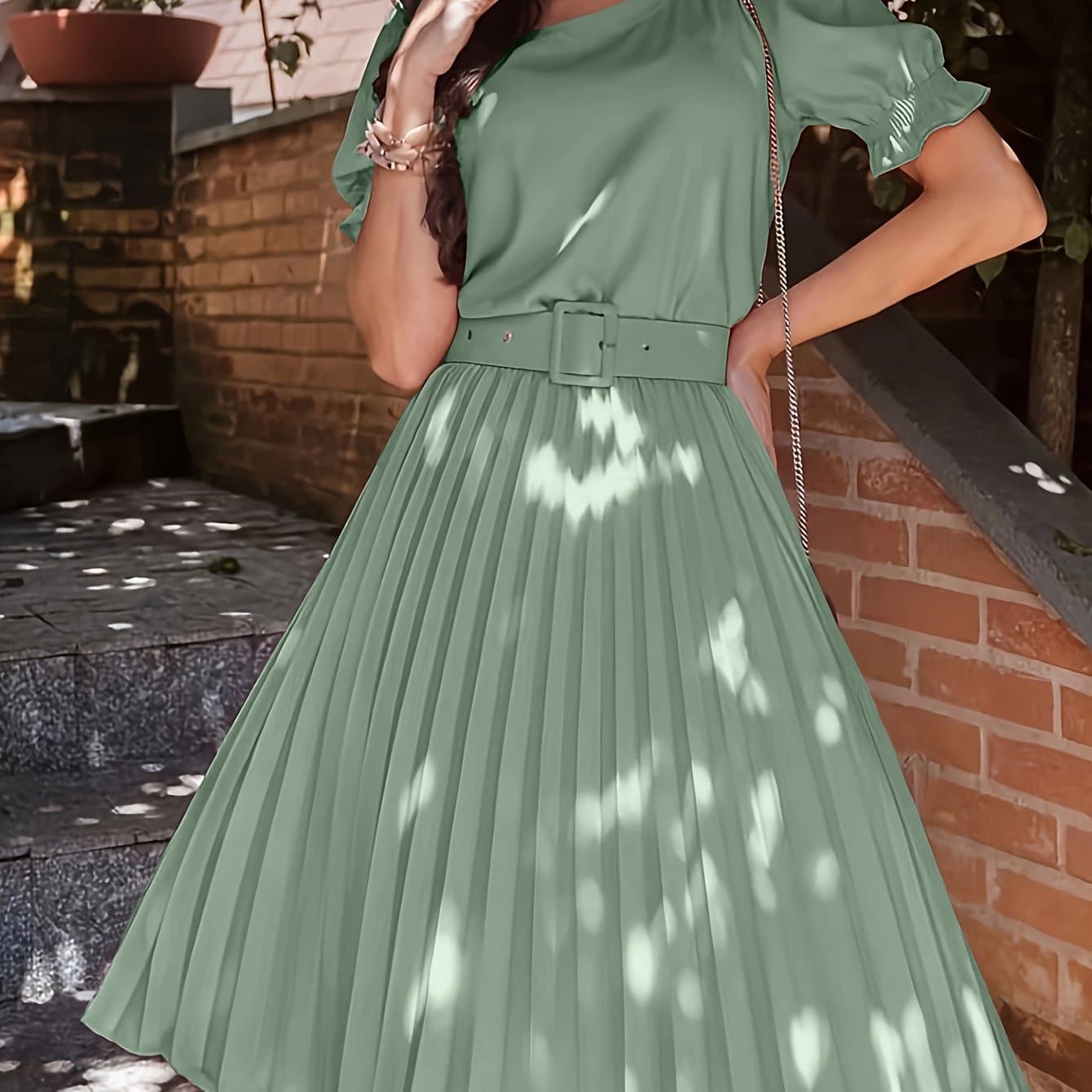 TEMU Women's Pleated Puff Sleeve Dress
