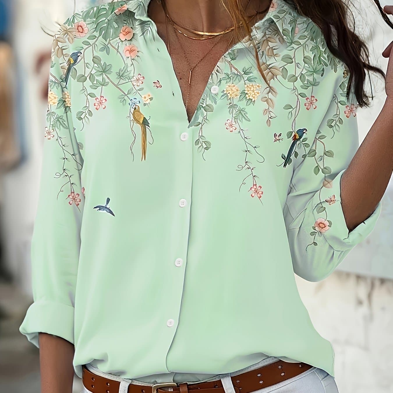 TEMU Women's Fashion Printed Long Sleeve Turn- Collar Shirt