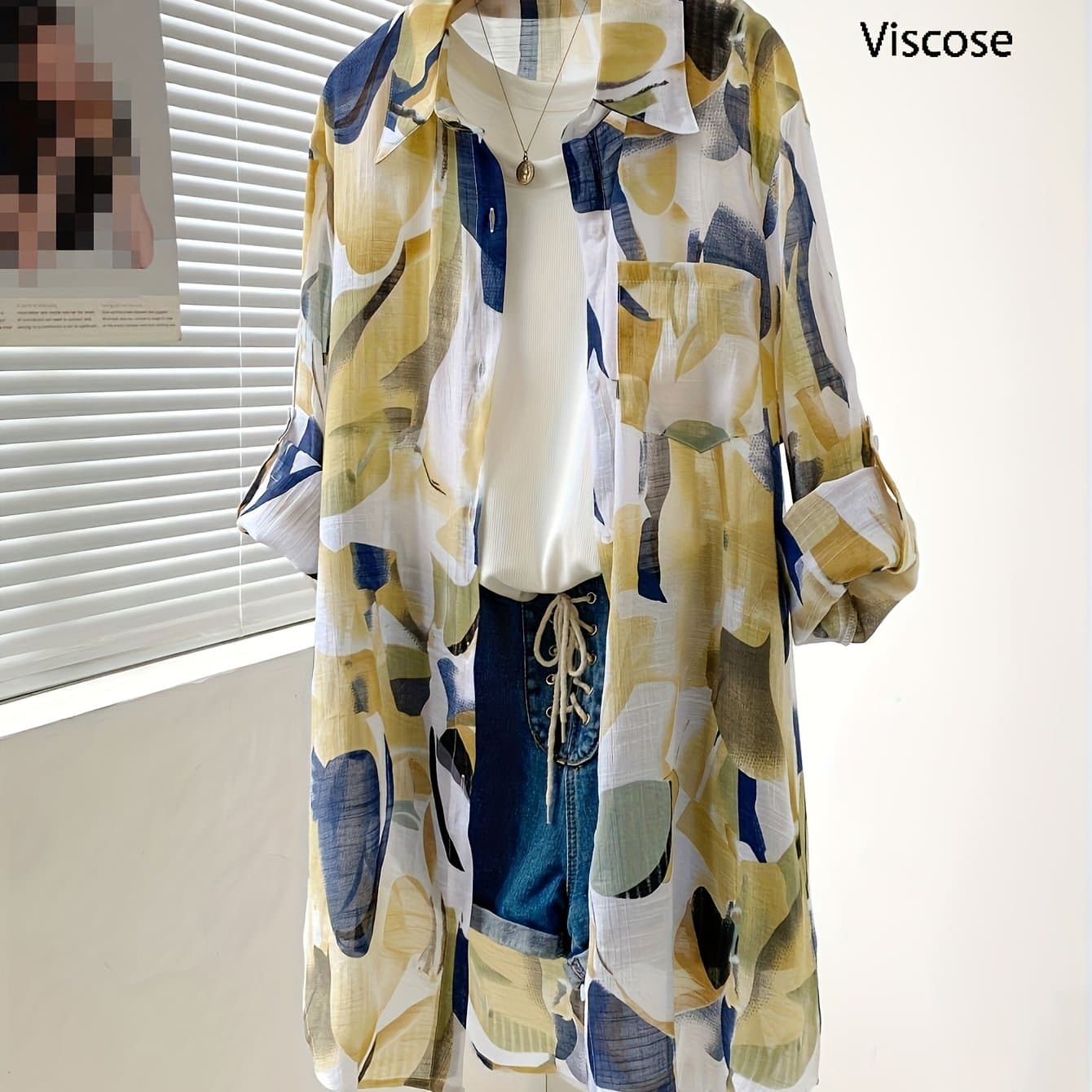 TEMU New Stylish Thin Semi-transparent Geometric Print Long Sleeve Shirt, Loose Casual Cuff Mid-length Cardigan Blouse For Women, Fashionable Design