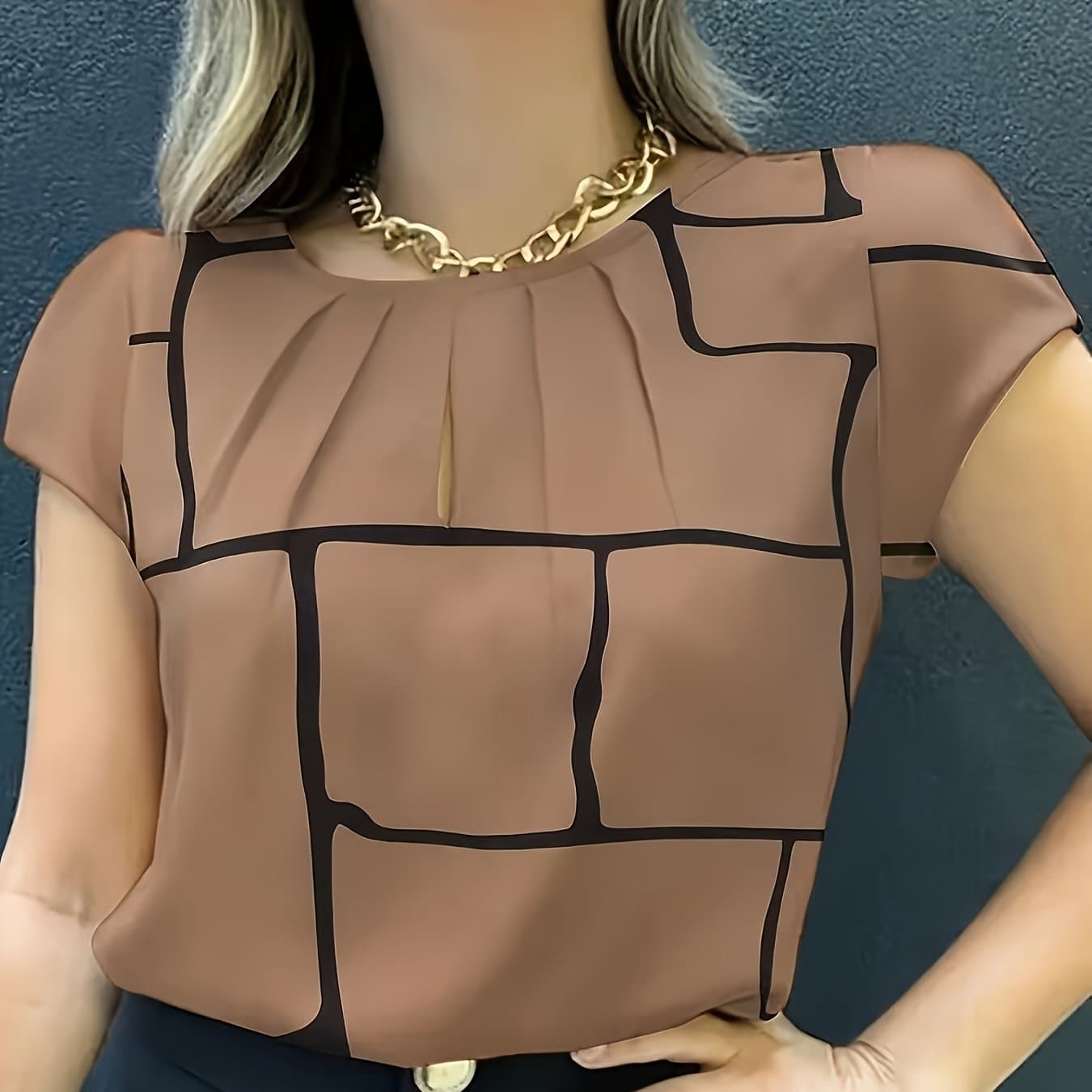 TEMU [] Geometric Print Shirt, Spring Summer Casual Short Sleeve Blouse, Women's Clothing