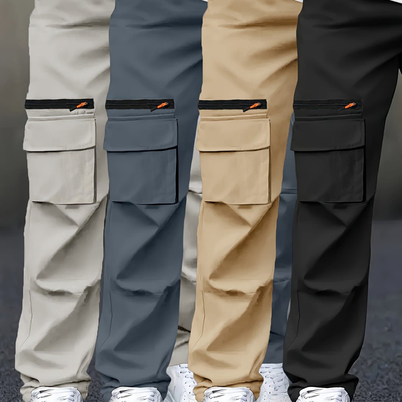 TEMU Set Of 4 Men's Long Pants With Cinched Waist And Multiple Pockets, Ideal For Outdoor Work .