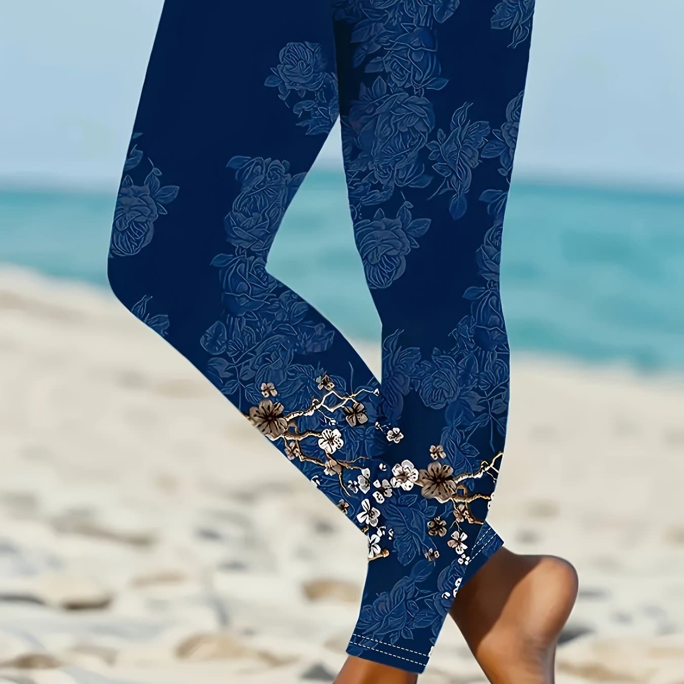 TEMU Plus Size - Women's Plus Size Floral Print Leggings With Elastic Waistband - Navy & Golden Accents, Medium--washable Pants For , Elegant Casual Wear, Versatile Leggings, Stylish Floral Pattern,
