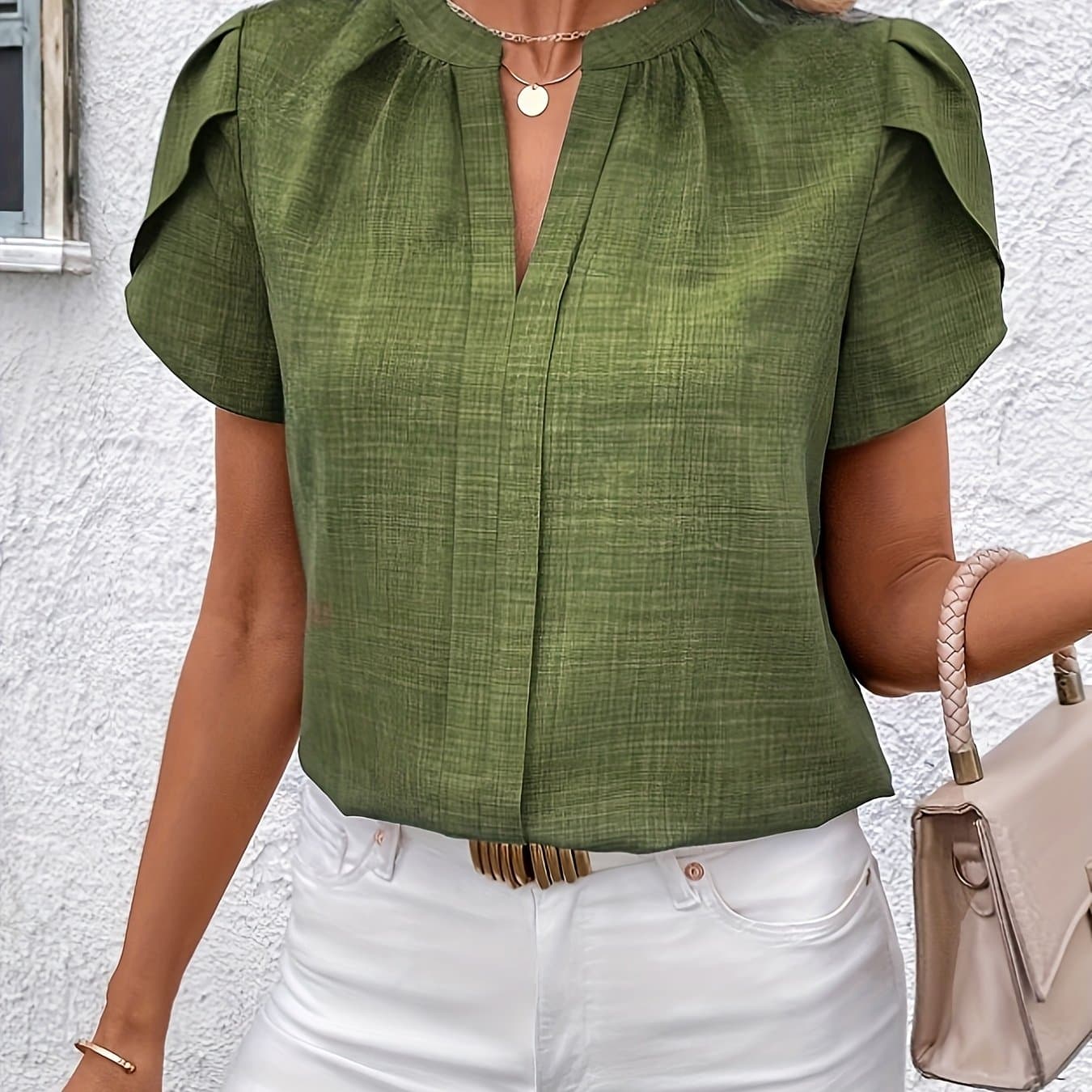 TEMU Elegant Petal Sleeve Notched V-neck Shirt | Solid Color, Suitable For Spring/summer/fall