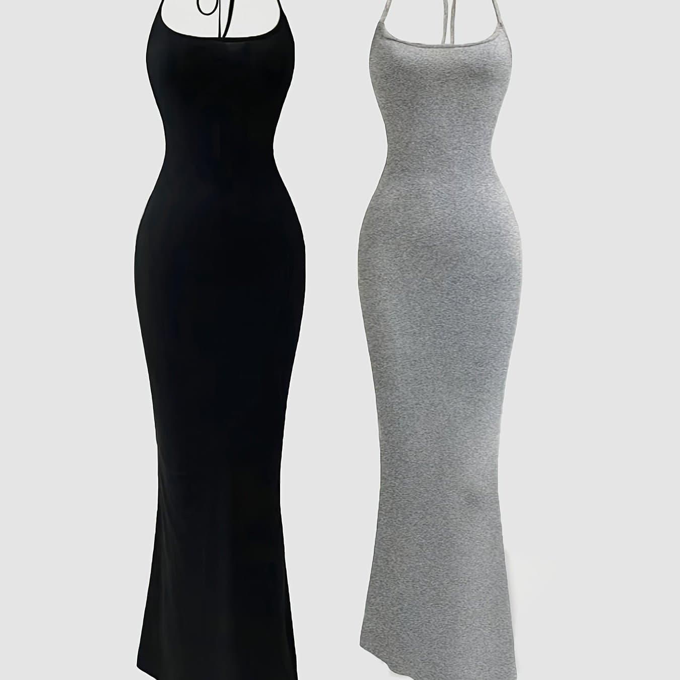 TEMU 2pcs Set Elegant Halter Neck Long Dress | Slim Fit, Sexy Backless, Solid Color, Lace-up Details For Spring/summer