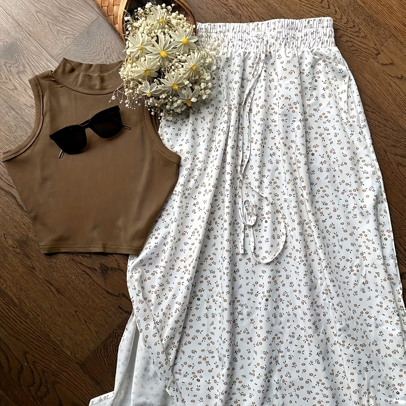 TEMU Women's Fashion 2025 Casual Elegant Style Fresh Half-turtleneck Slim Fit Sleeveless Top + Floral Print Midi Skirt Breathable Stretch Fabric