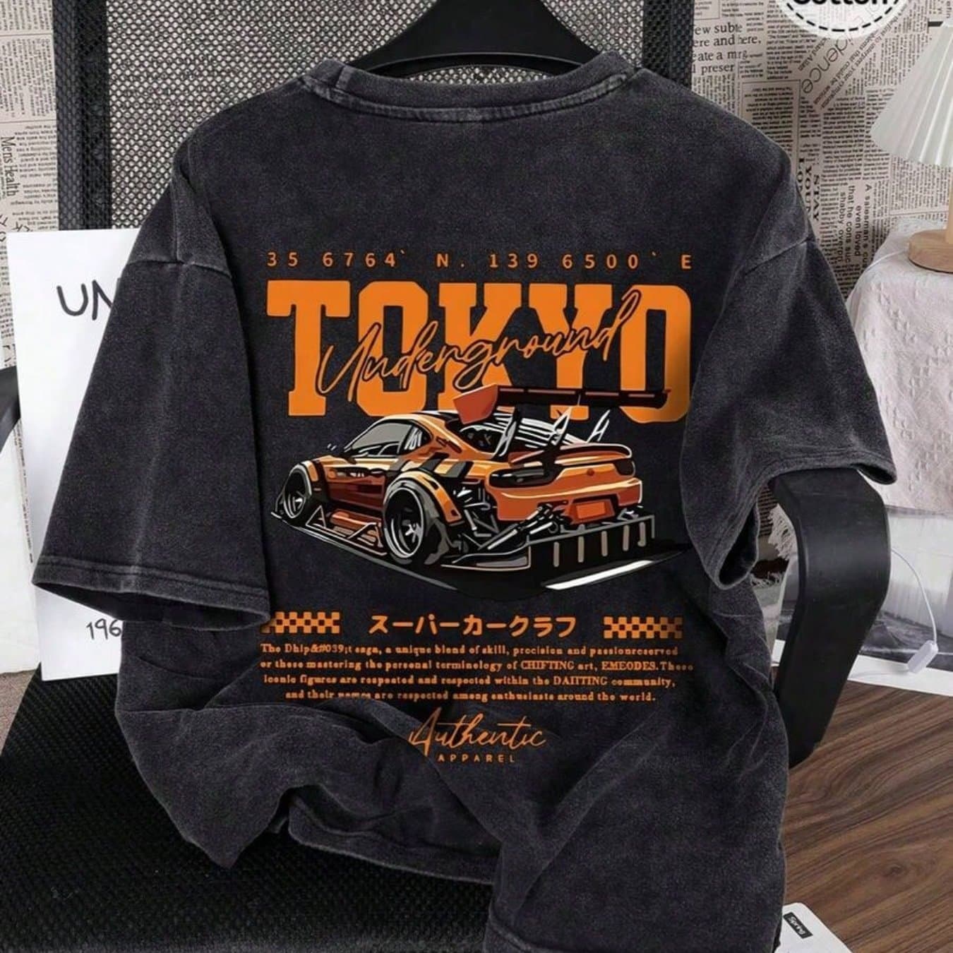 TEMU Spring And Summer Racing Pattern Men's T-shirt Top, Micro , Washed With Water To Make Old, Breathable Black Round Neck Short Sleeved T-shirt, Daily T-shirt Top