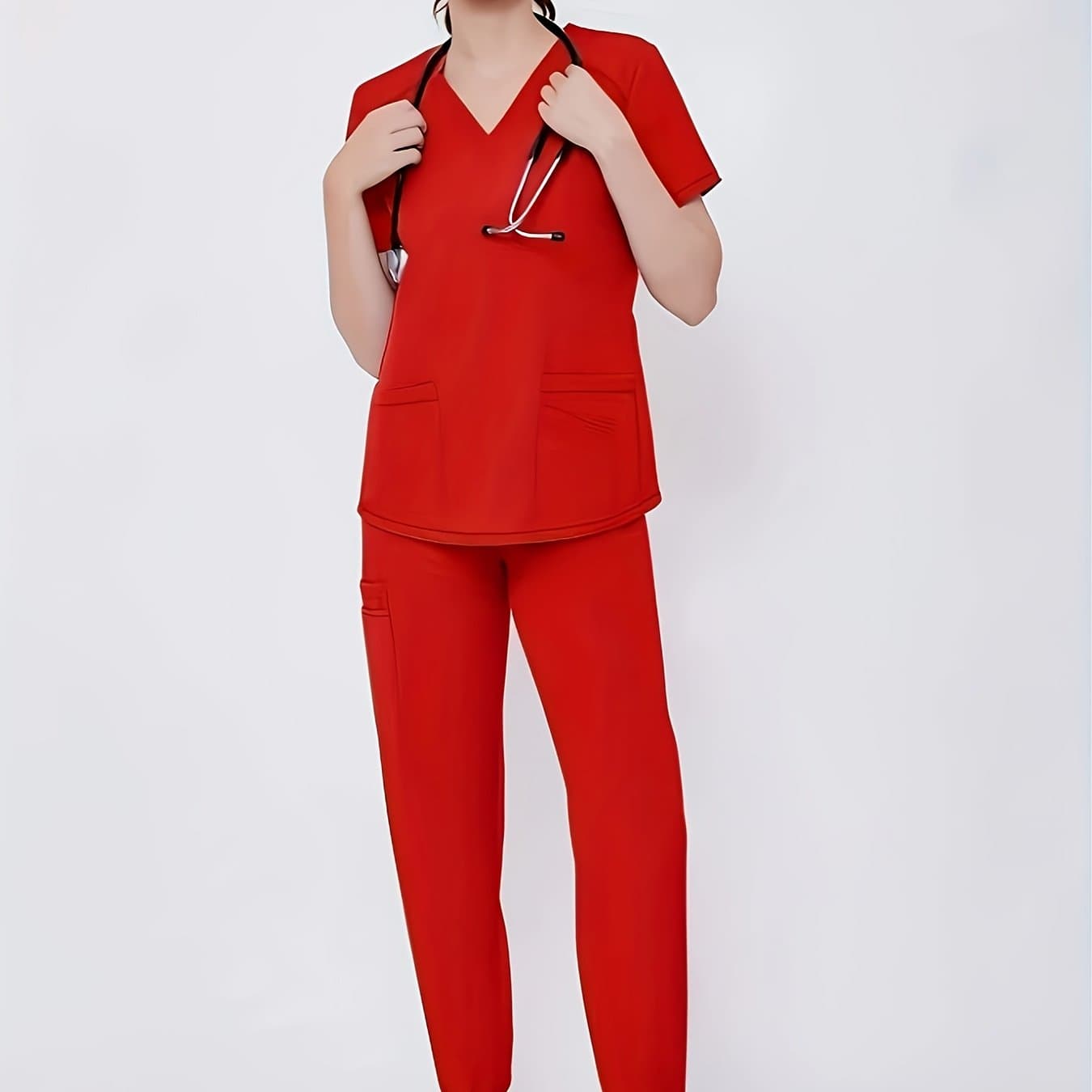 TEMU Women' Color V-neck Short-sleeve Nurse Uniform Set, Featuring Pockets, Breathable Scrubs, Two- Outfit