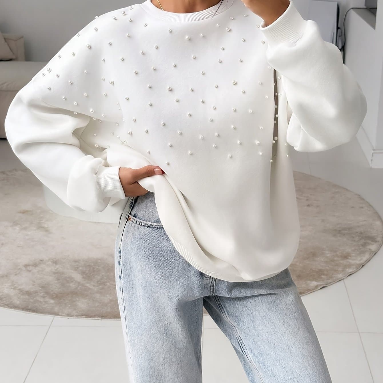 TEMU Women's Fashion Solid Color Pearl Embellished Loose Sweatshirt
