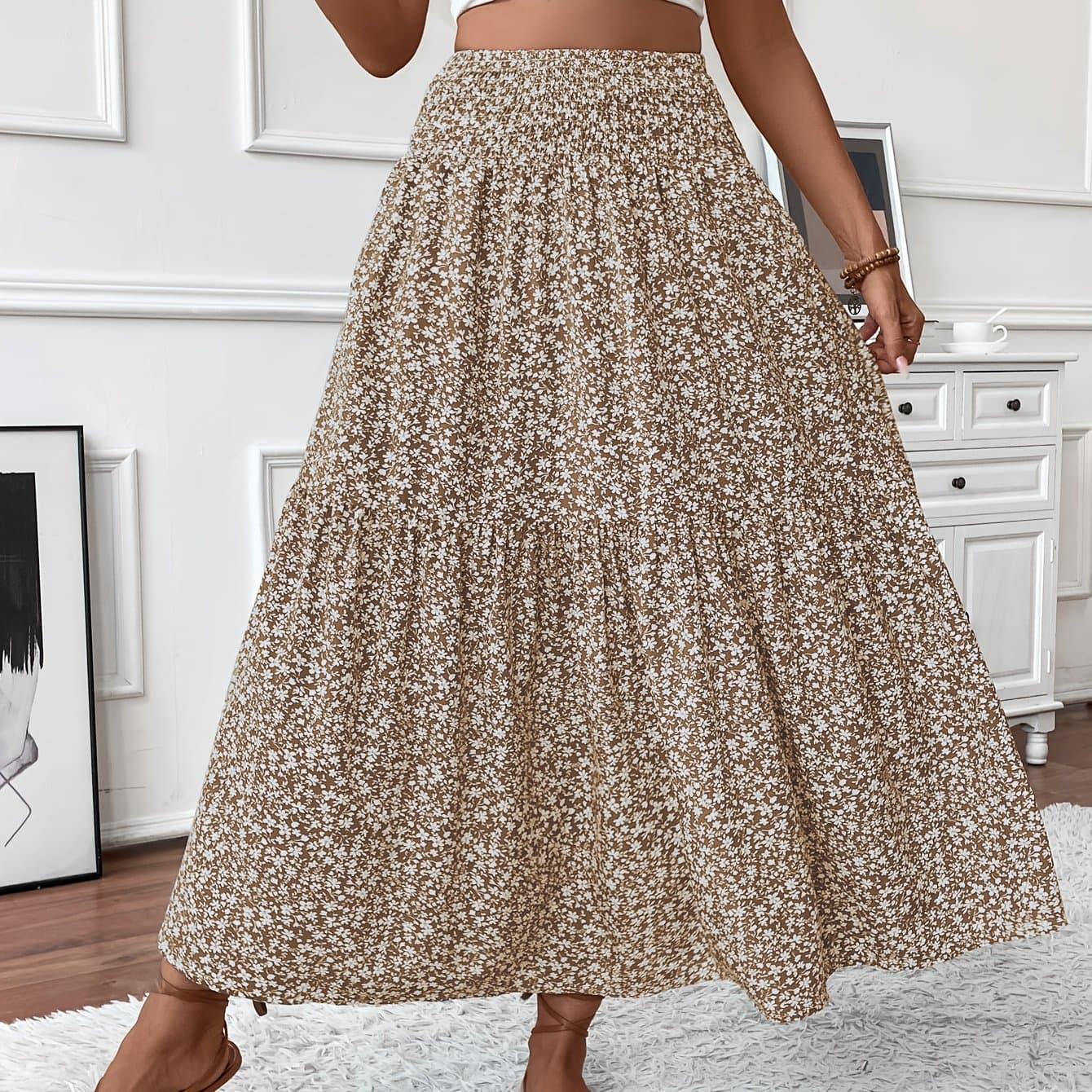 TEMU Plus Size - Plus Size - Plus-size Women's Midi Skirt With A Gathered Waist, Side Pockets, And Floral Pattern, Perfect For Casual And Work Wear