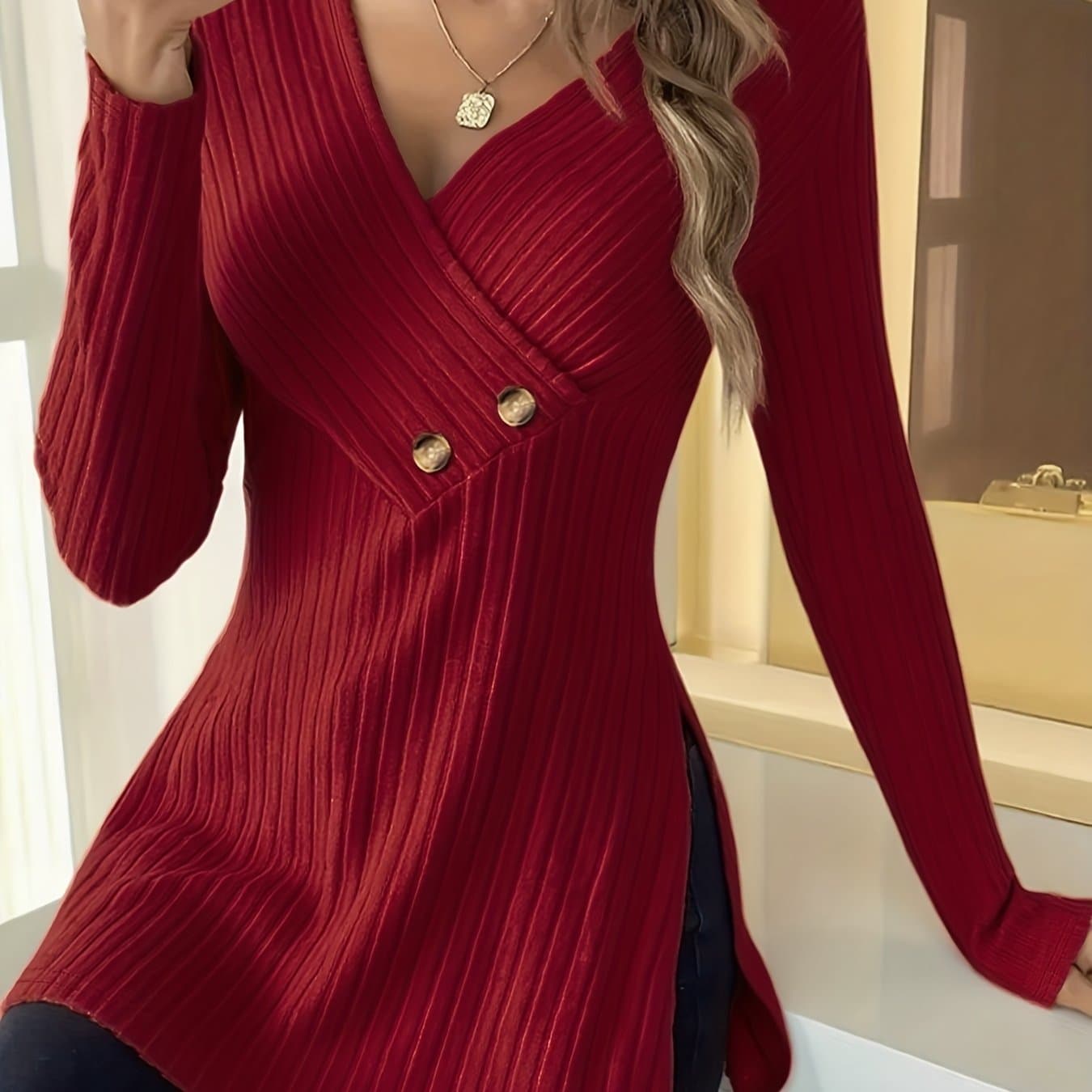 TEMU Autumn And Winter Ribbed Cross-neckline, Button-decorated Collar, Side Slit Elegant Long Sleeve