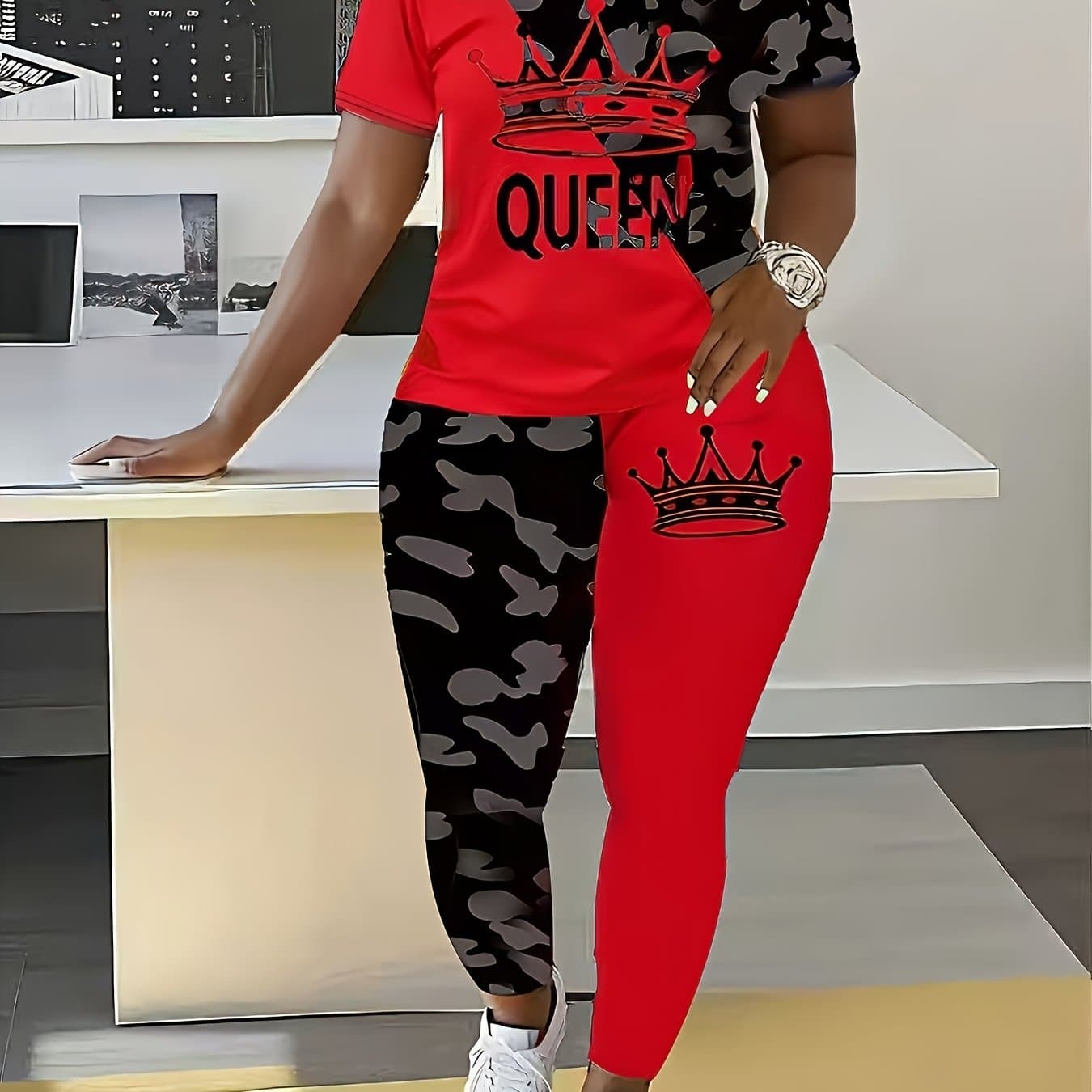 TEMU Spring/summer Women's Color- Crown And Letter Print Short-sleeved T-shirt And Trousers Set | Casual Crew Neck Pullover With Alphabet Patterns