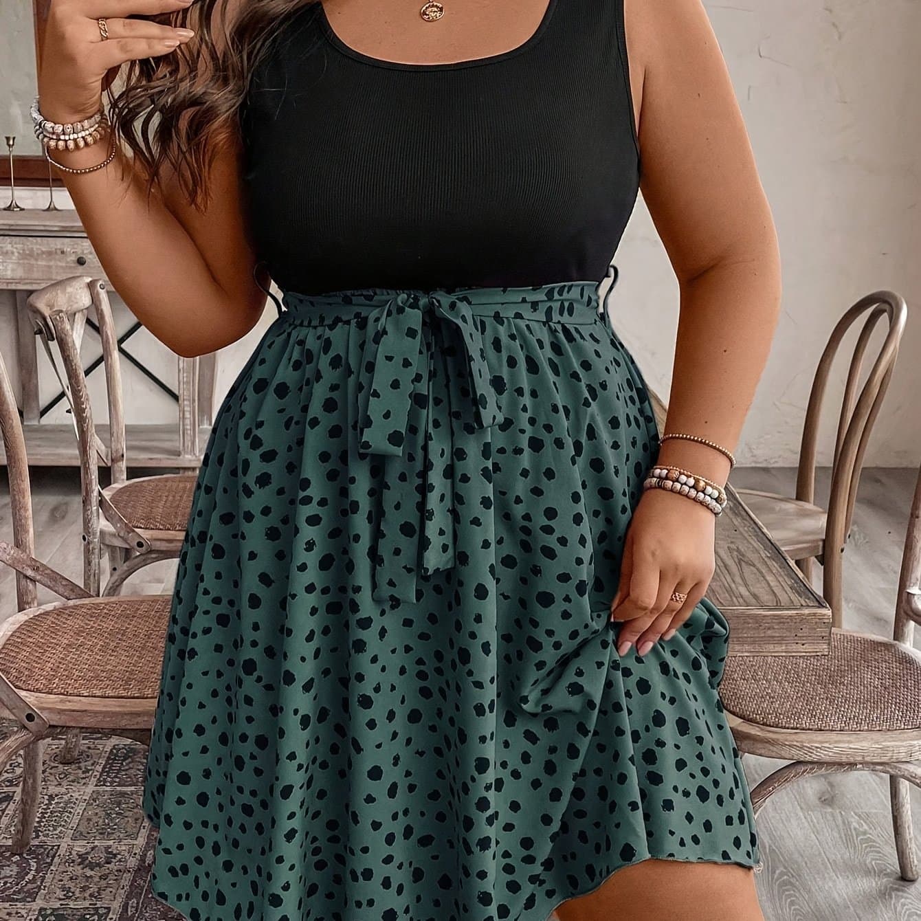 TEMU Plus Size - Plus Size - Plus Size - Color-block Polka Dot Tie-back Sleeveless Maxi Dress Singlepiece Casual Fashion For Summer