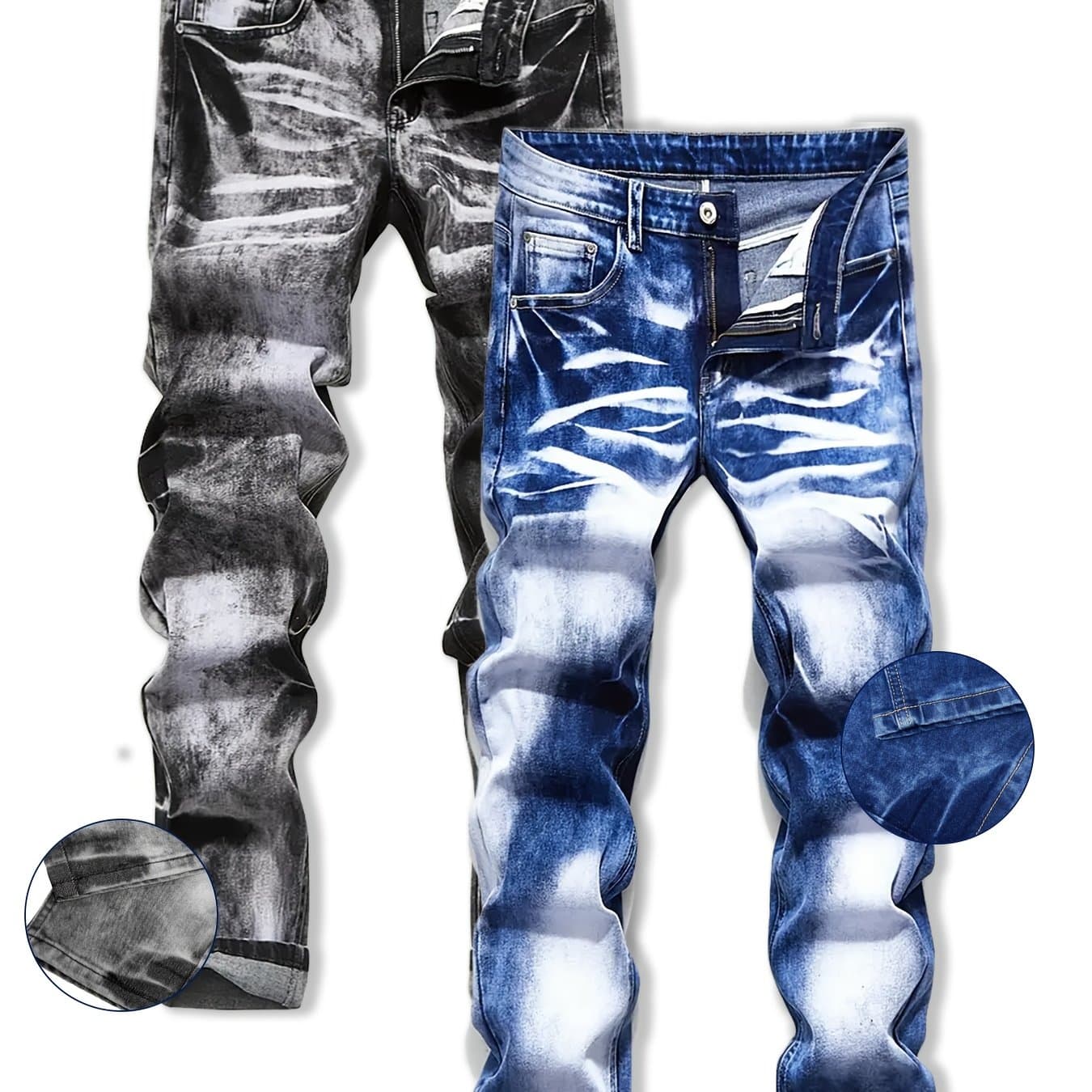TEMU 2-pair Men's Slim Jeans, Stretch Fit, Vintage And Washed Denim Styles, Must-have