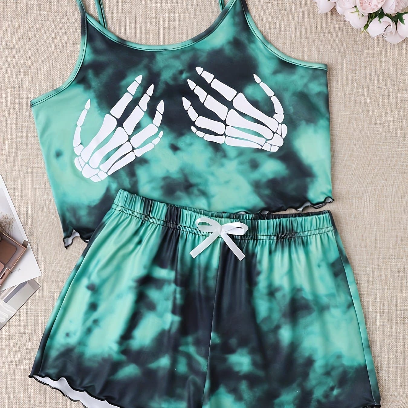 TEMU Women's Fashion Tie-dye Palm Print Camisole And Shorts Pajama Set