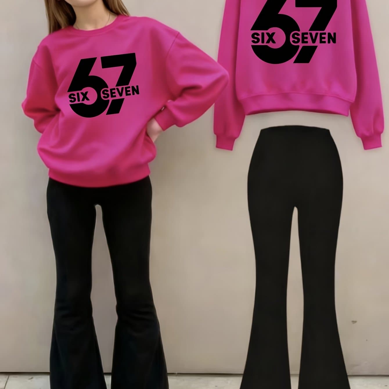 TEMU 2pcs Fashionable Girls' Sweatshirt And Flared Pants Set, Printed With 67 Numbers. Must-have Girls' Sweatshirt For Autumn And Winter, Comfortable Round Neck, For Outdoor