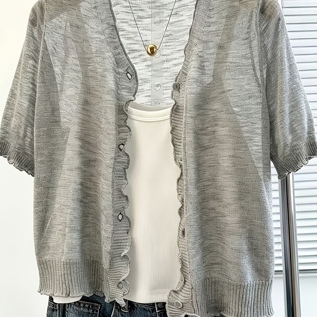 TEMU Summer Lightweight Short-sleeve Shirt, Air-conditioned Room Shirt, Solid Color Simple V-neck Ruffle Cropped Cardigan, Fashionable And Versatile Shawl Cover-up For Women