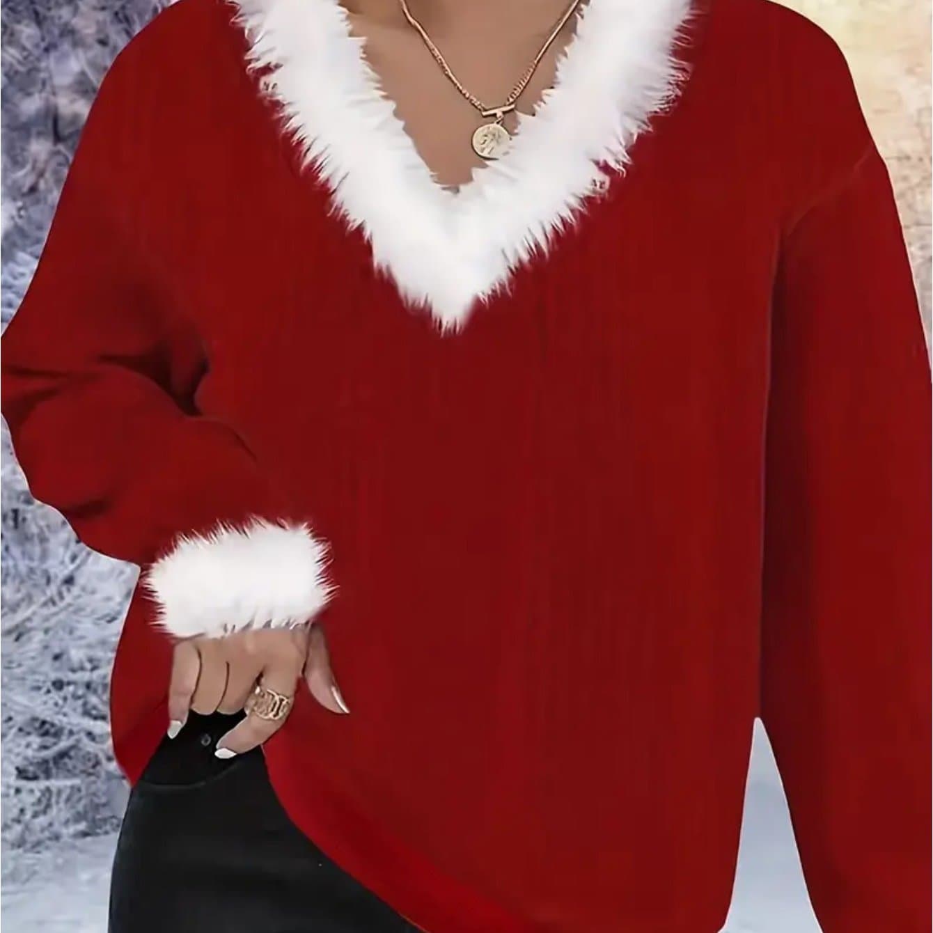 TEMU Single-piece Red V-neck Sweater Long-sleeve Loose- Luxury New Year Style Women's Knitwear Warm And Versatile For Daily Wear Perfect For New Year And Fall/winter Casual Styling