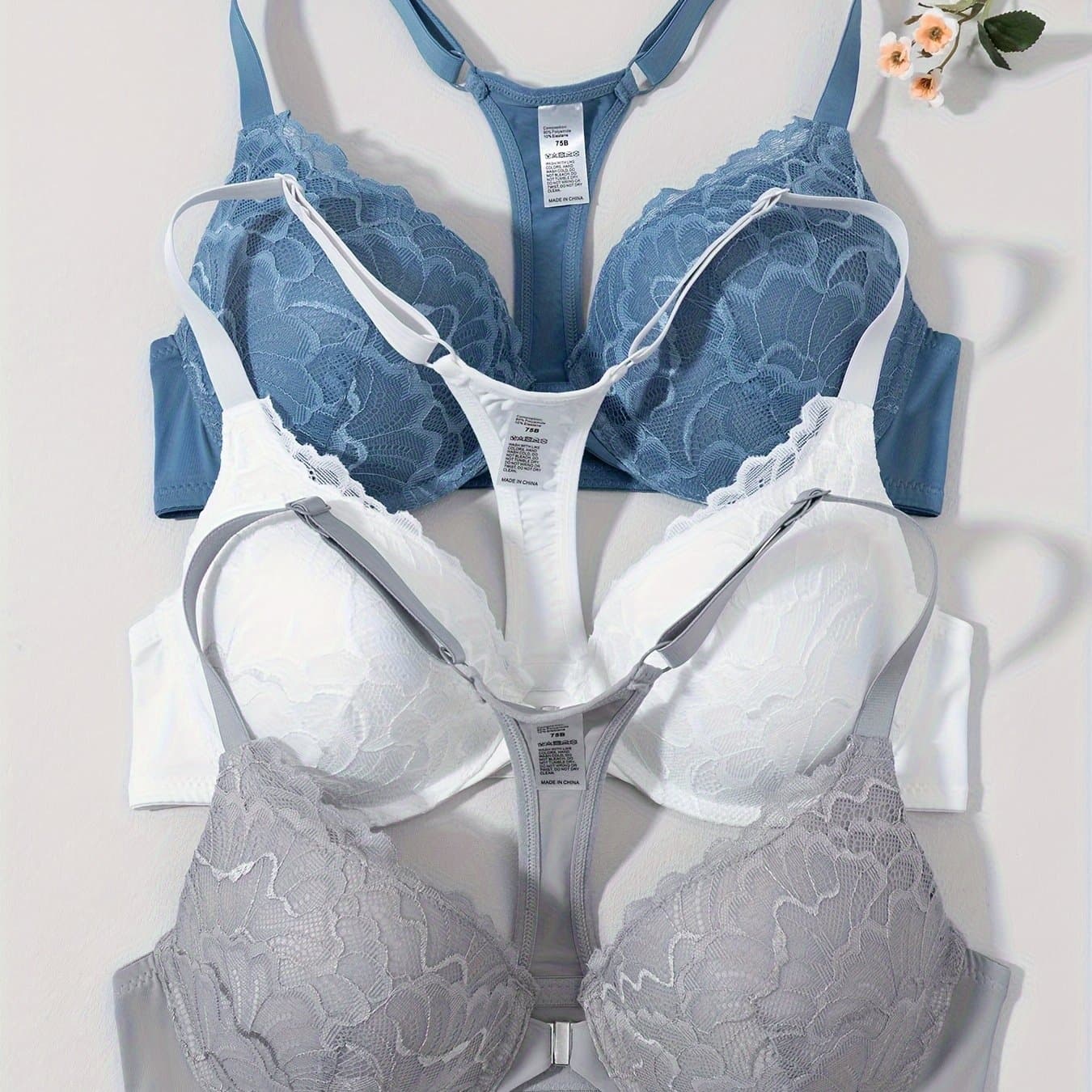 TEMU 3pcs Front Closure Lace Bras For Women With Underwire, Push-up, Anti-sagging, Sexy , Suitable For Dating