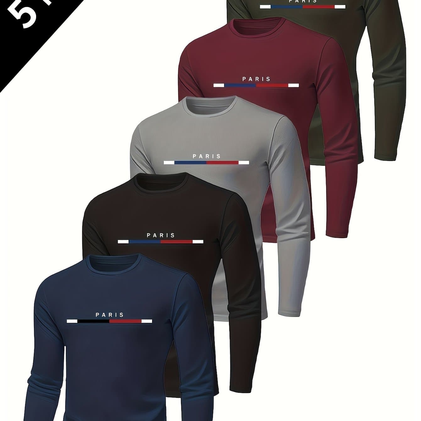 TEMU 5-pack Men's Long Sleeve T-shirts | Breathable Polyester, Paris Print Design, Regular , Crew Neck, Lightweight, Moisture Wicking