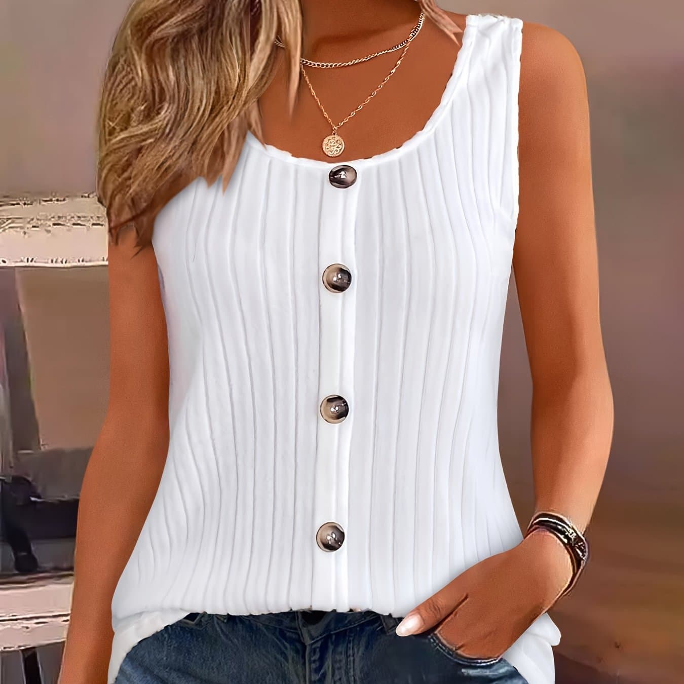 TEMU Women' Color Round Neck Button Decor Sleeveless Summer Casual Sexy Tank Top