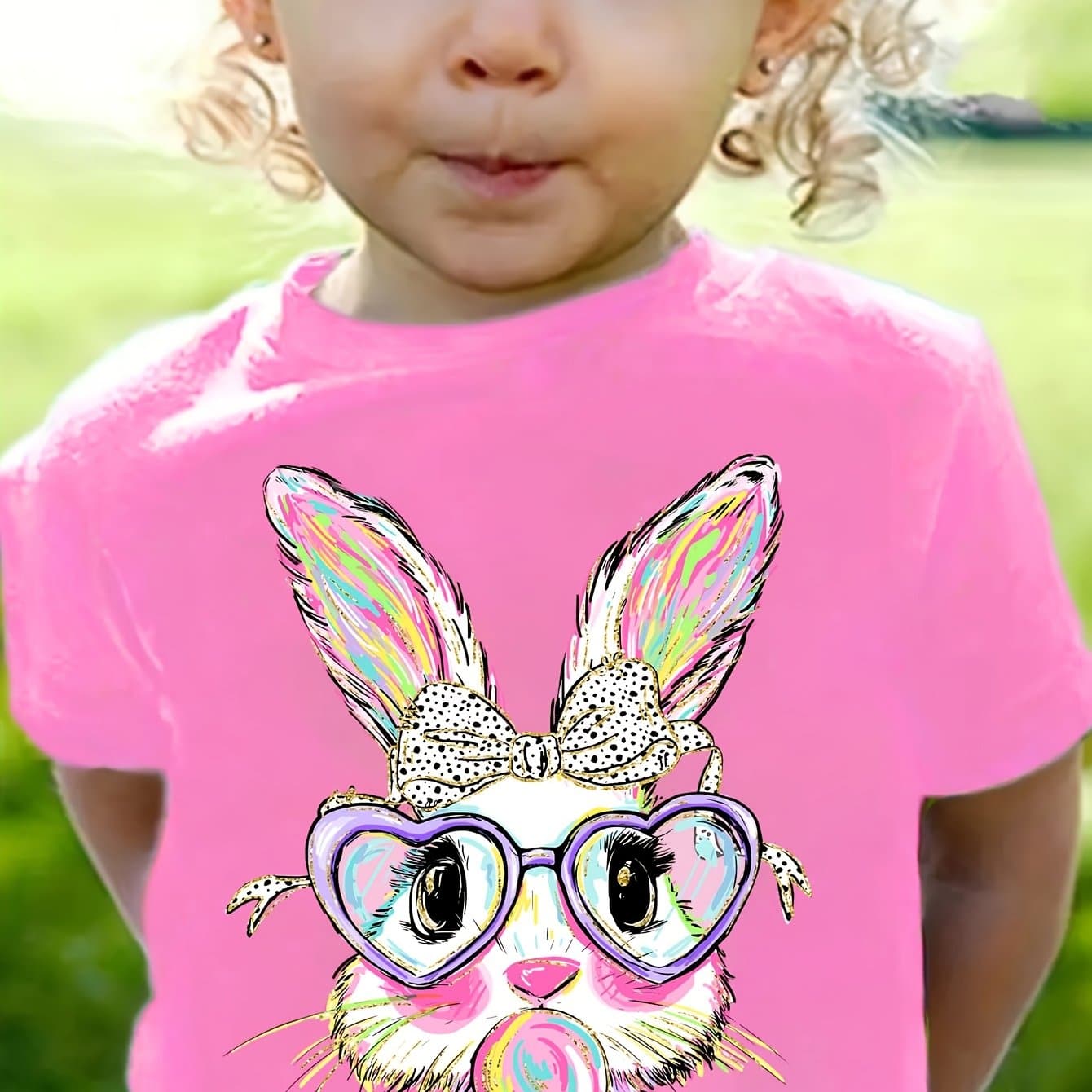 TEMU Girls Cartoon Rabbit Print 100% Cotton Short Sleeve T-shirt, Comfy Casual Tees For Girls Summer