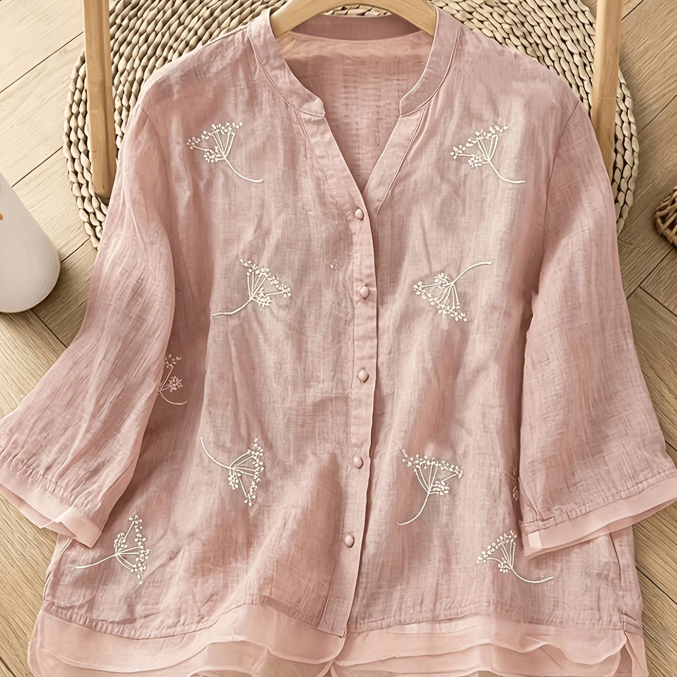TEMU Vintage Art Embroidered Cardigan Shirt, Organza Design Casual Fashion Top, Bohemian Floral Embroidery Elegant Women's Festival, With Botanical Embroidery