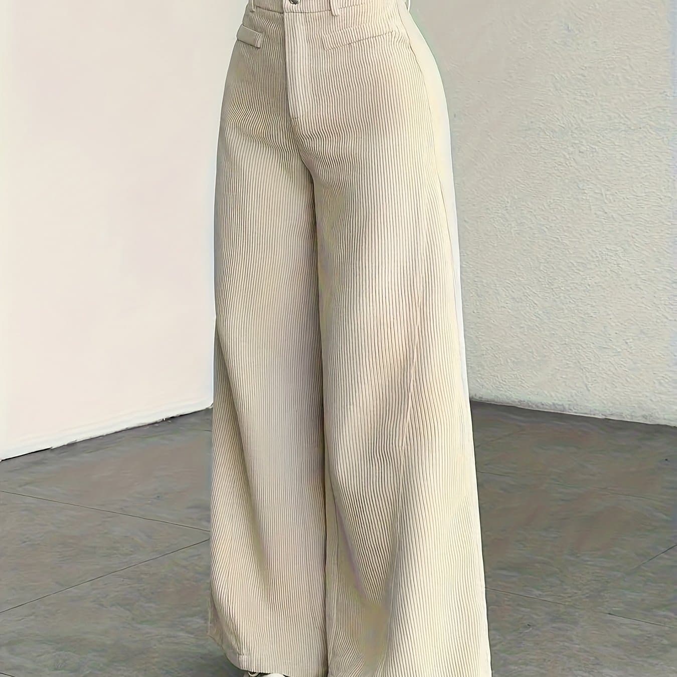 TEMU Women's High-waisted Wide-leg Pants - Corduroy Texture Casual Trousers, , Machine Washable Pants