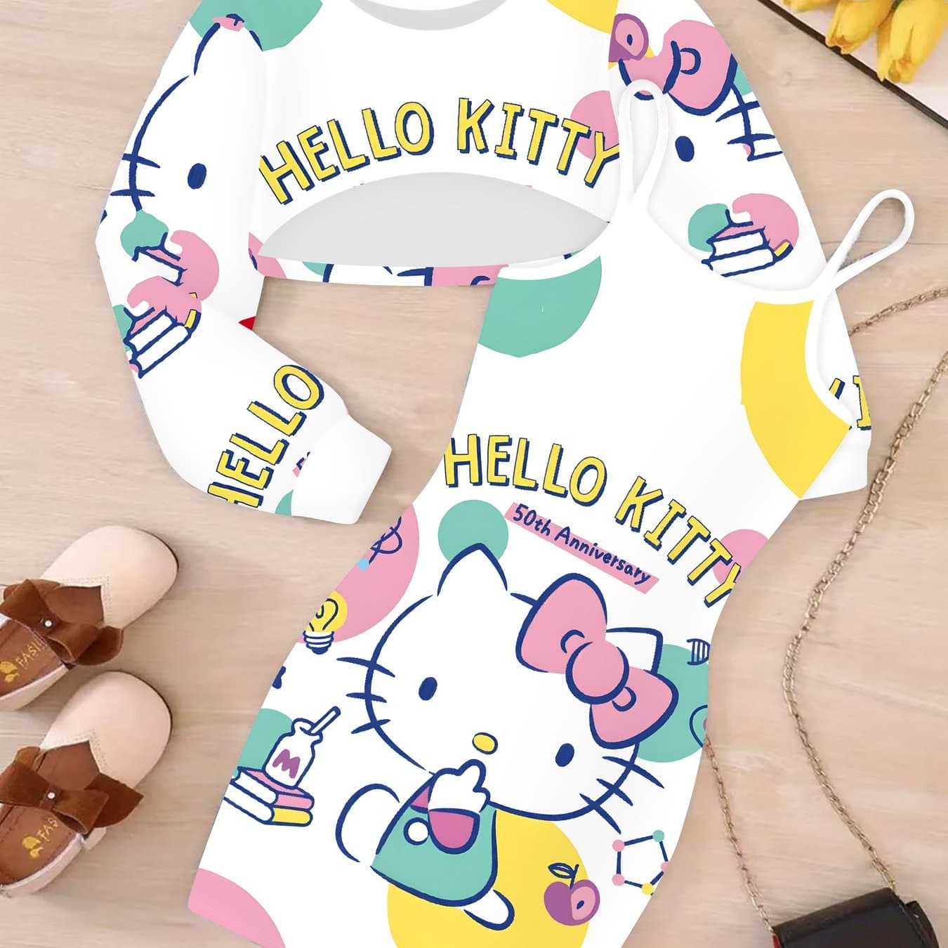 TEMU Printed Girls' Autumn And Winter Casual And Versatile Girls' Hallokittykuromi Pattern Printed Printed Longsleeved Arc Top + Halter Wrap Skirt 2pcs Set
