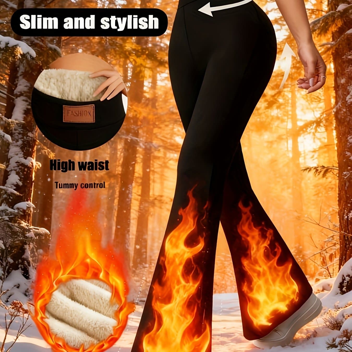 TEMU Women's Casual Everyday Versatile Slim-fit Fleece-lined High-waisted Flared Pants, Elastic Waistband, Black, Winter