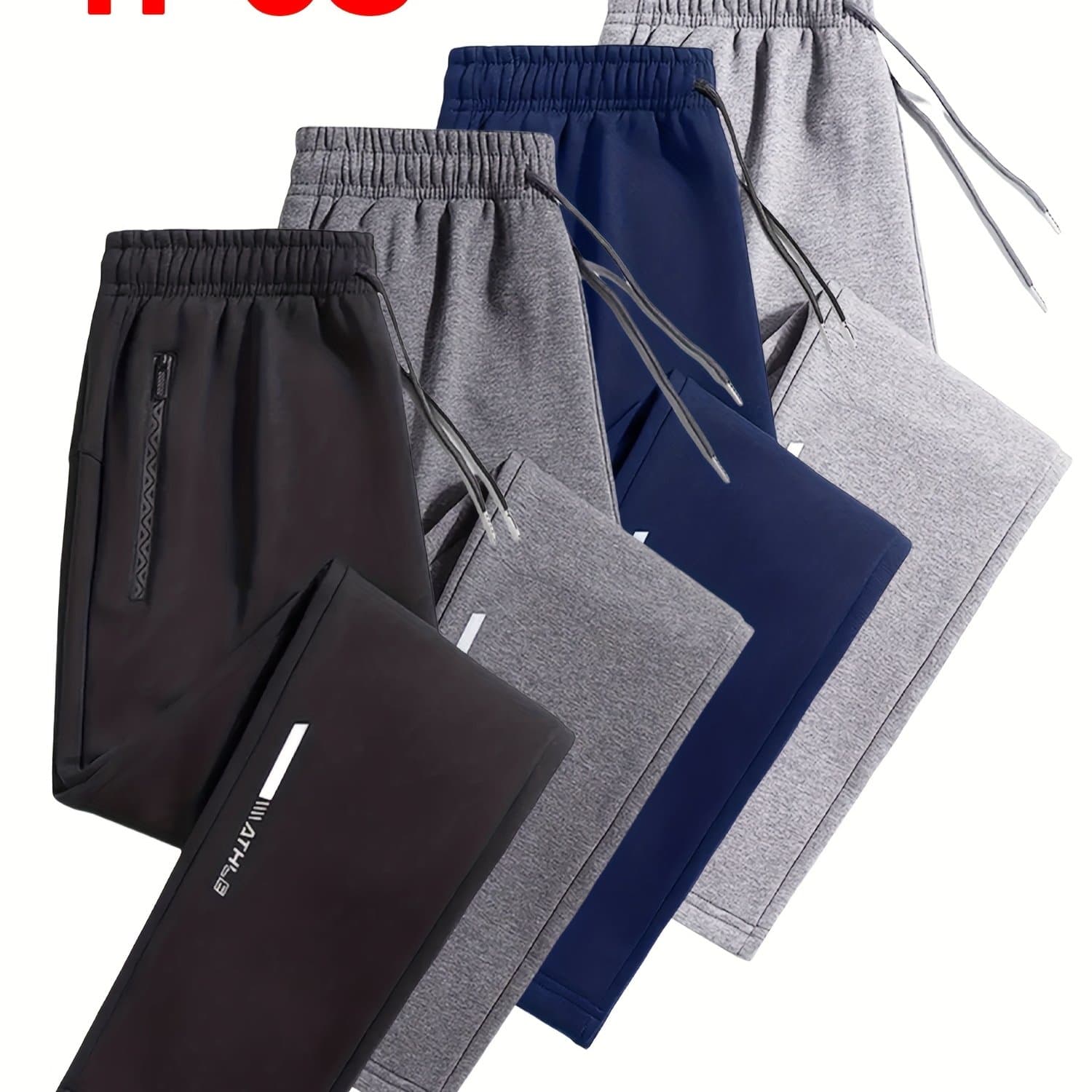 TEMU Set Of 4 Men's Relaxed Knit Jogger Pants Featuring Reflective Stripes, Zippered Pockets, And Adjustable Waist Drawstring, Ideal For Use, Hiking, And Casual Outfits, Sporty Style,