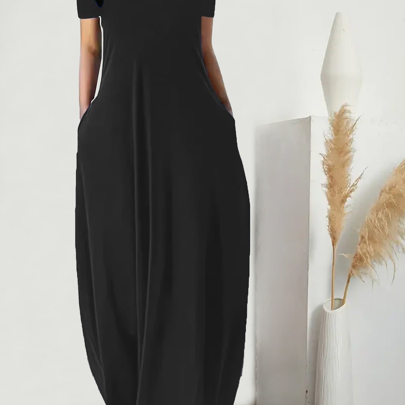 TEMU Solid Color Round Neck Loose Long Dress With Pockets, Spring Summer, Women's Casual Short Sleeve Long Dress