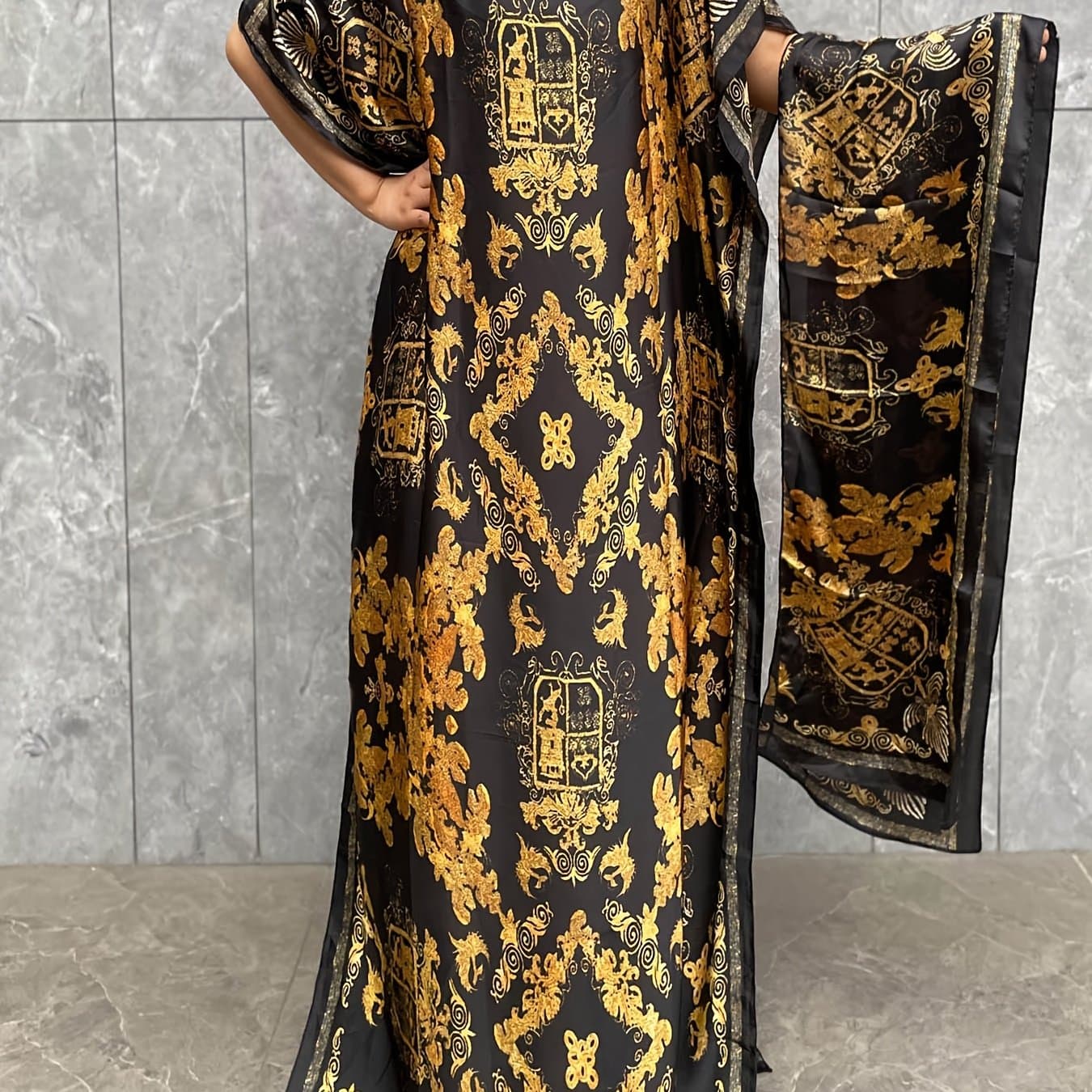 TEMU Plus Size - Plus Size - Plus Size Floral Pattern Longline Dress, Elegant Short Sleeve Crew Neck Dress With Scarf For Spring And Summer, Women's Plus Size Clothing