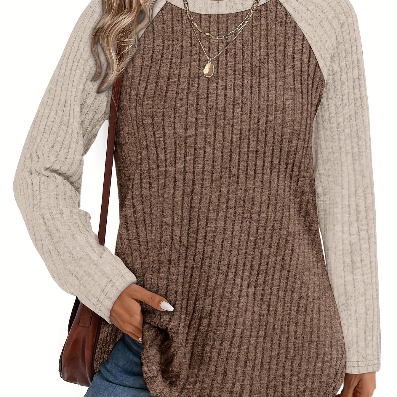 TEMU Women's Long Sleeve Shirt, Autumn/winter Pullover, Lightweight Casual Loose Top, Fashionable Thin Crew Neck Color Block Pullover Sweater