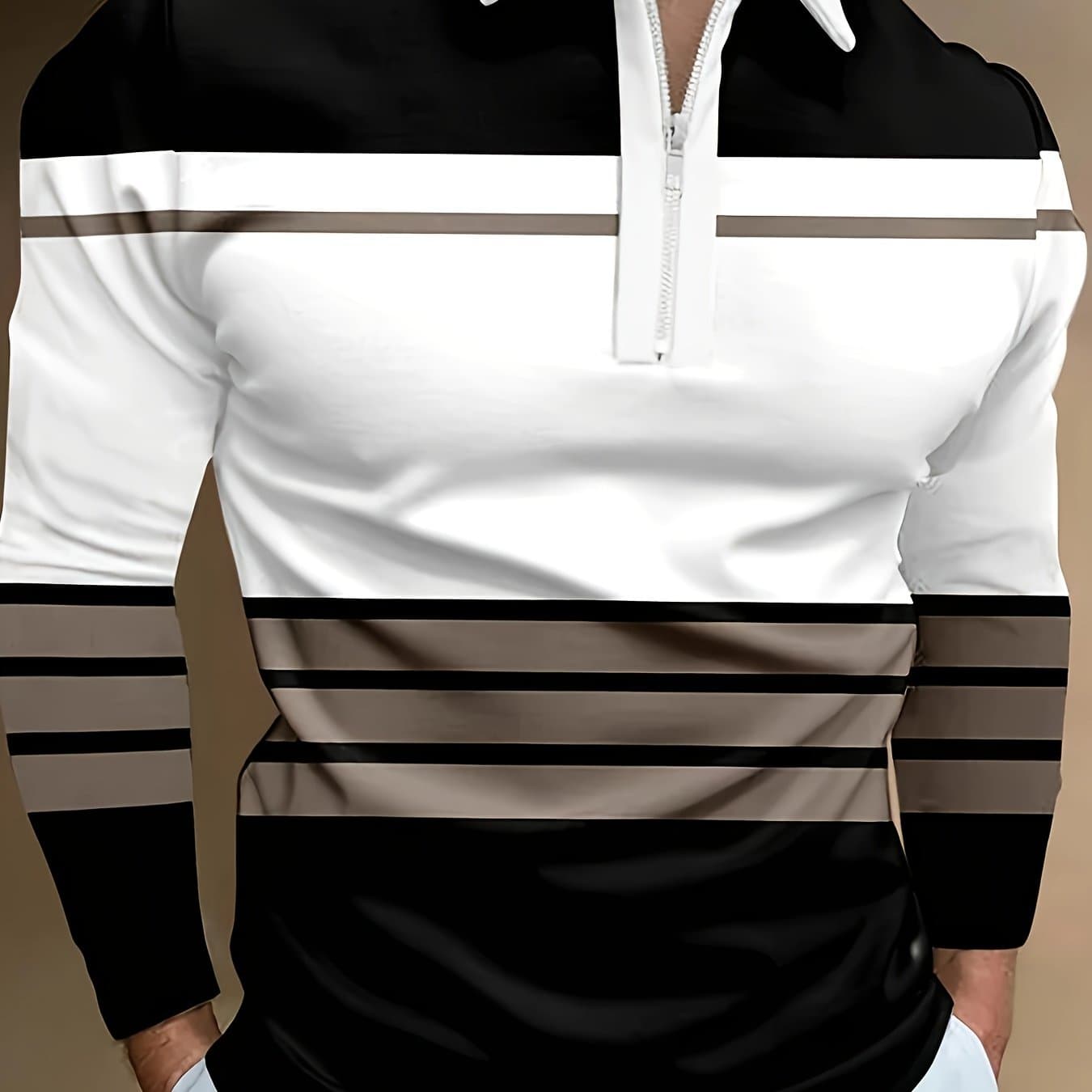 TEMU Men's Long-sleeve Shirt With A Zip Collar, Featuring Stripes, Suitable For Spring And Autumn Fashion