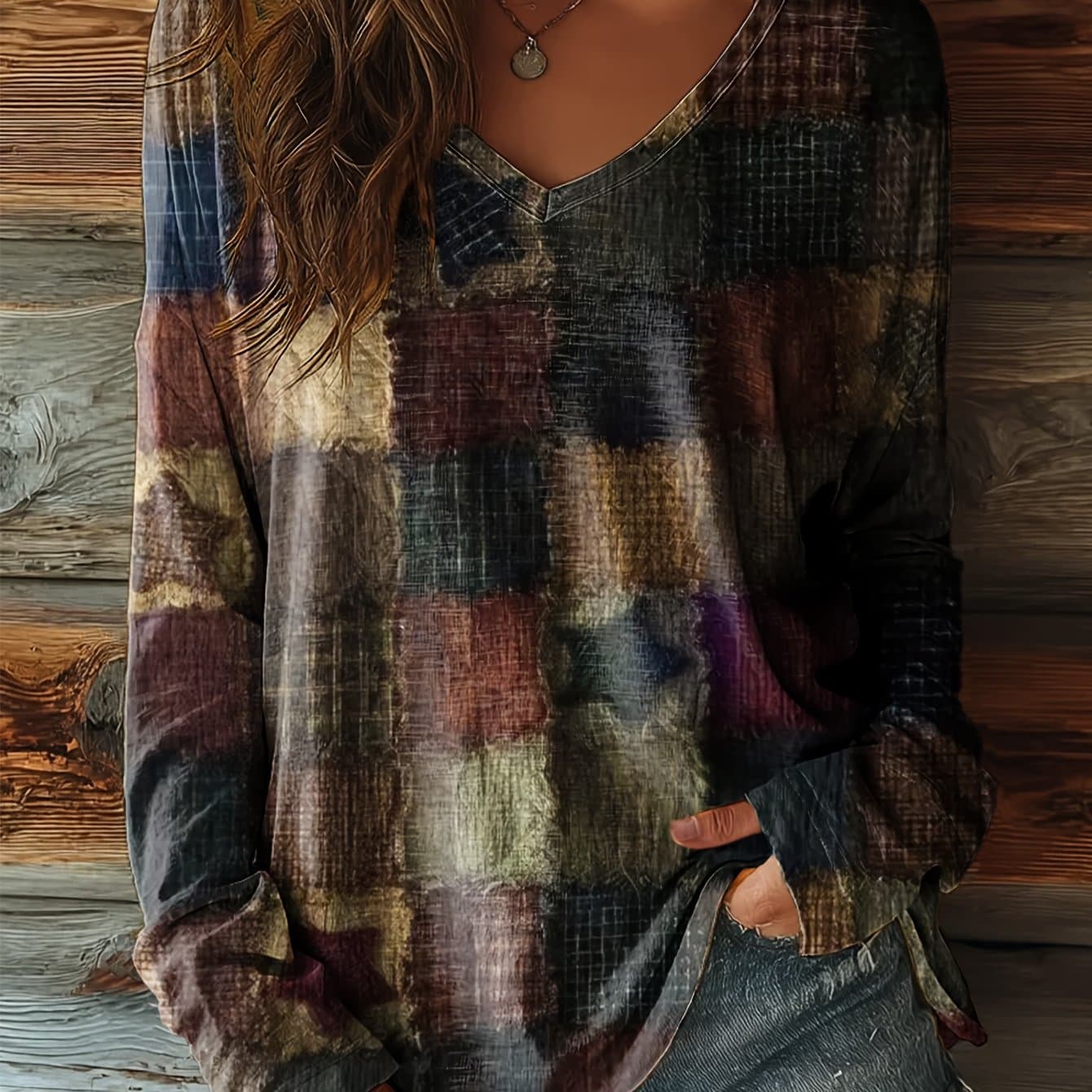 TEMU ' Retro Plaid V-neck Long Sleeve T-shirt - Soft Warm Casual Top Suitable For Daily Commuting & Winter Outfits, Classic Grid Print, Machine Washable Winter Wear (non-)