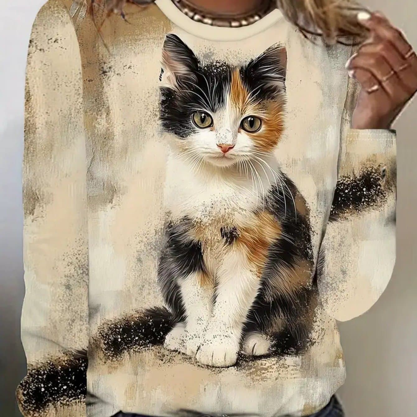TEMU 3d Women's Brown & Cat Long Sleeve Casual T-shirt - Soft Medium Stretch Fabric, Round Neck, Relaxed Fit, Comfortable Wear - Perfect For Daily Life, Work, Or Leisure