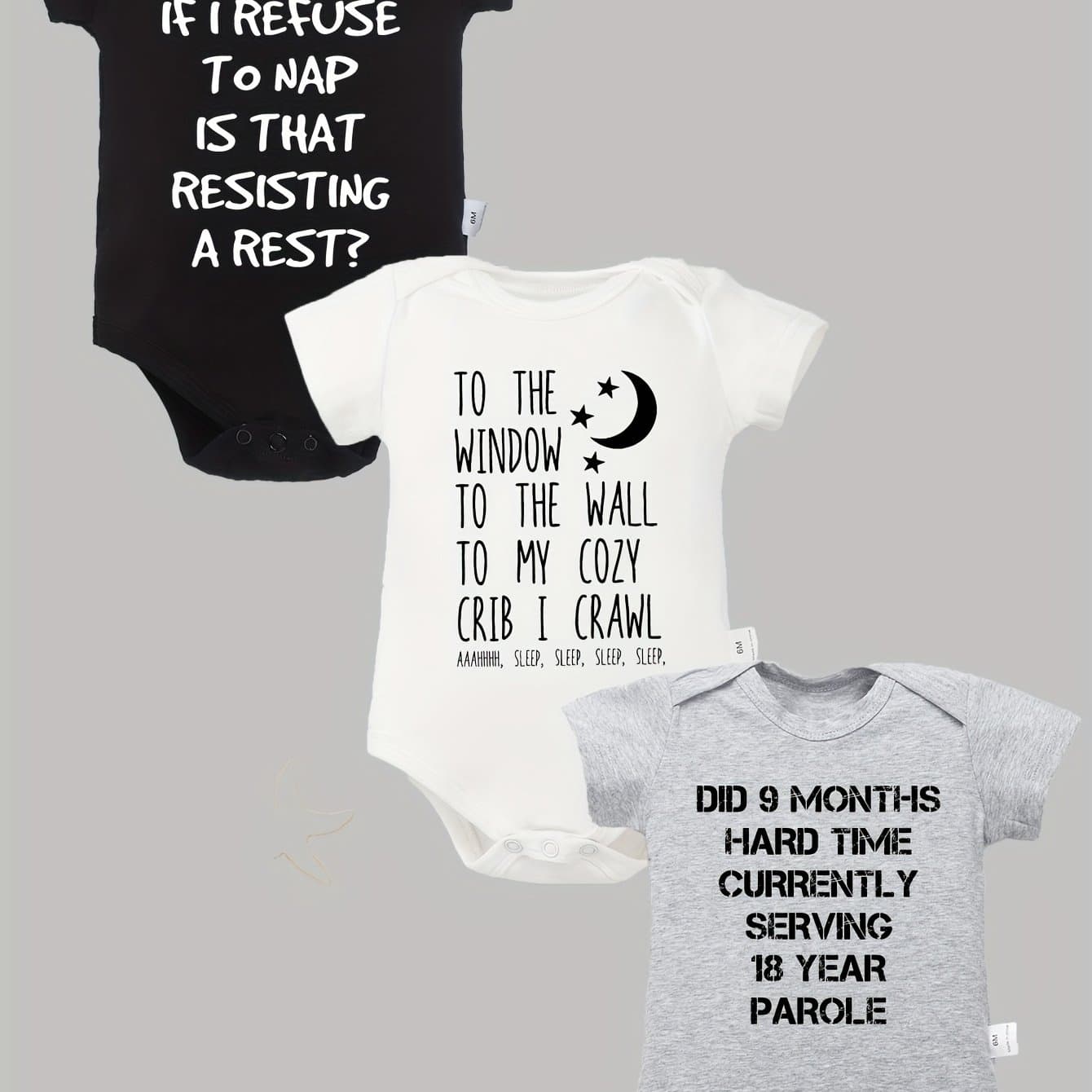 TEMU 3pcs 100% Baby Onesies With Moon And Star Pattern Print And Letter Print For And Napping. Soft And Casual Round Neck Baby Onesies, For Outdoor