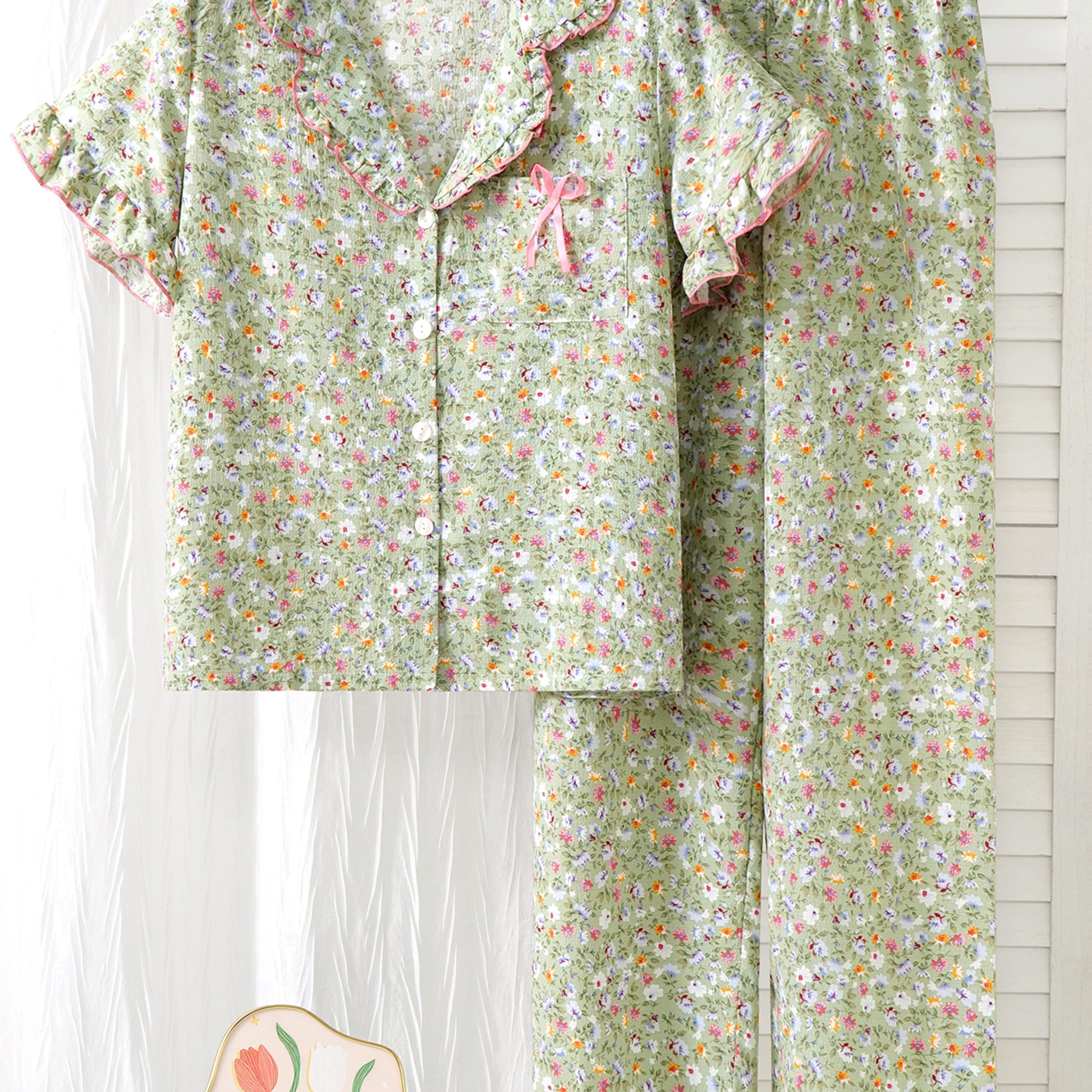 TEMU Green Floral Random Print Pajama Set With Ruffle Short Sleeve Top And Long Pants With Trim, Women's Relaxed, Comfortable, And Elegant Floral Print Loungewear