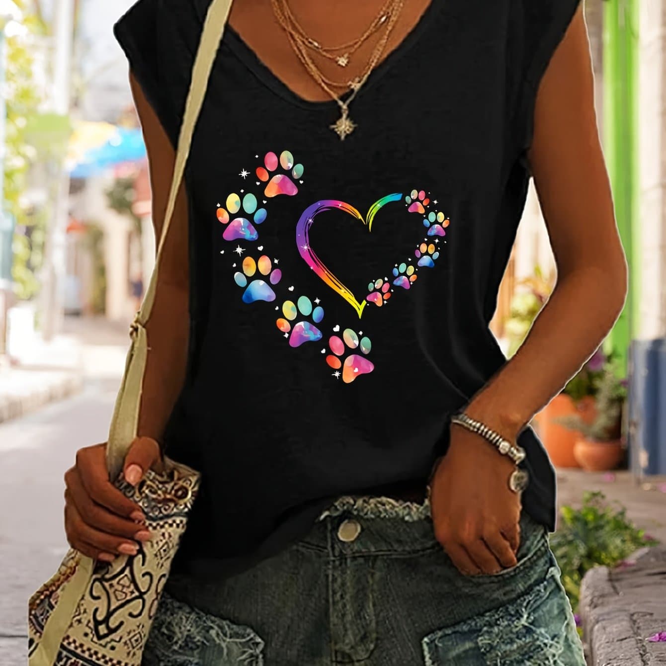 TEMU Women's Sleeveless Casual T-shirt With Colorful Heart And Paw Print Design - Soft V-neck Top For Spring And Fall