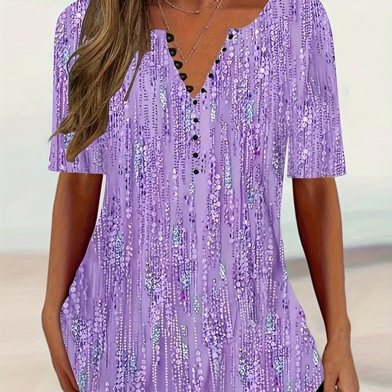 TEMU Plus Size, Summer Women's Short Sleeve T-shirt Bright-colored Floral Ptint Vintage Stylish Trendy V-neck Button Casual Daily Tops And Shirts