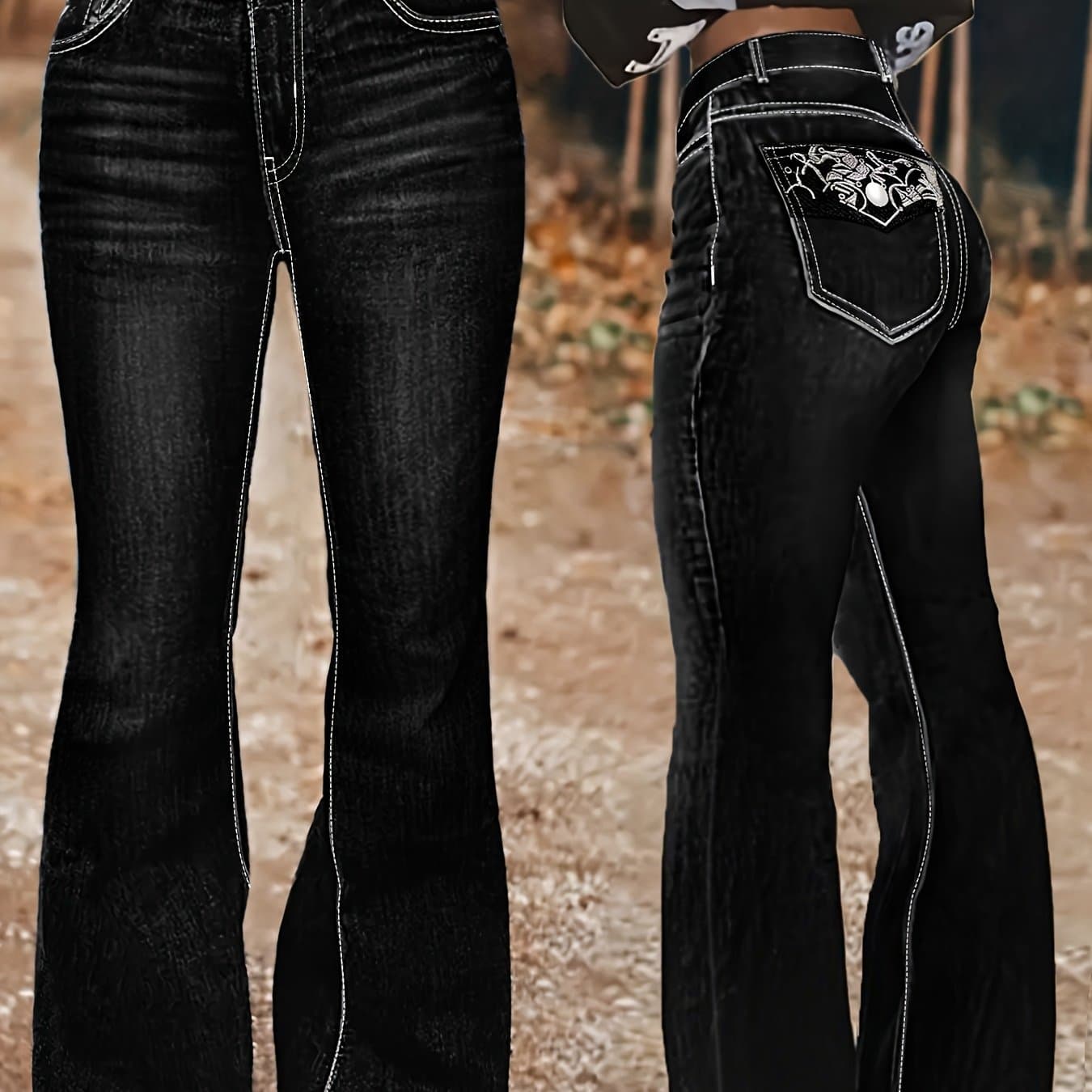 TEMU Plus Size High-waisted Stretch Denim Flared Bell-bottom Jeans With Embroidered Back Pocket & Button Closure - Retro Slim-fit Pants Suitable For - Wear, Comfortable Mature Style (machine Washable)