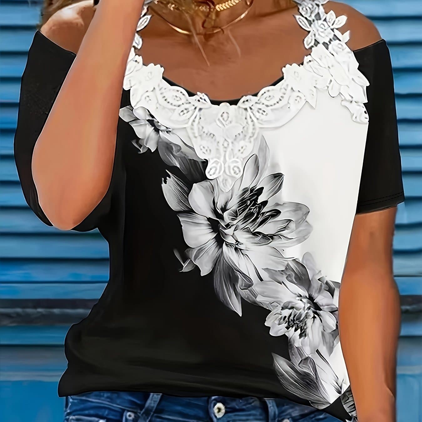 TEMU Spring And Summer Print V-neck T-shirt Lace Lace Casual Off-shoulder Short-sleeved Top