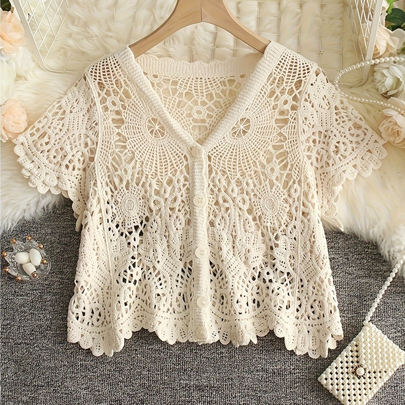 TEMU 1pc Bohemian Style Chic Crochet Cardigan, Short Sleeve, V-neck, Lightweight Summer Top With Intricate Lace Pattern, Summer Casual Wear, Loose Fit Clothing, Openwork Texture, Crochet Cardigan